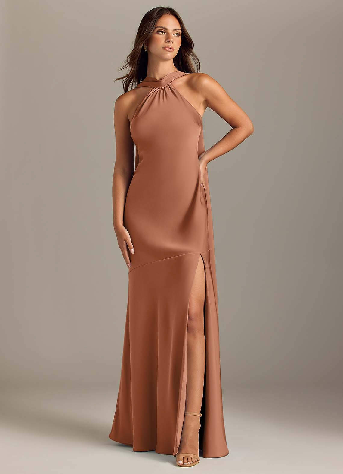 Kinsley Mermaid Halter Stretch Satin Bridesmaid Dress in Bronzer
