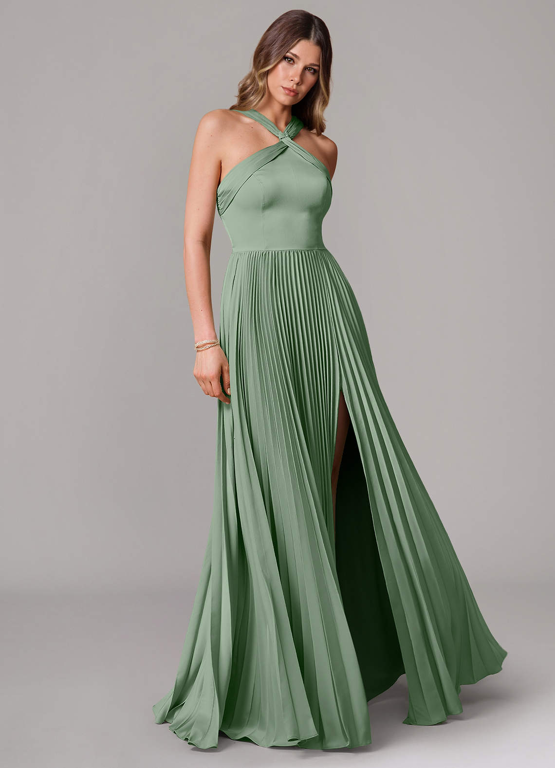 Afra A-Line Halter-Neck Stretch Satin Bridesmaid Dress in Matcha