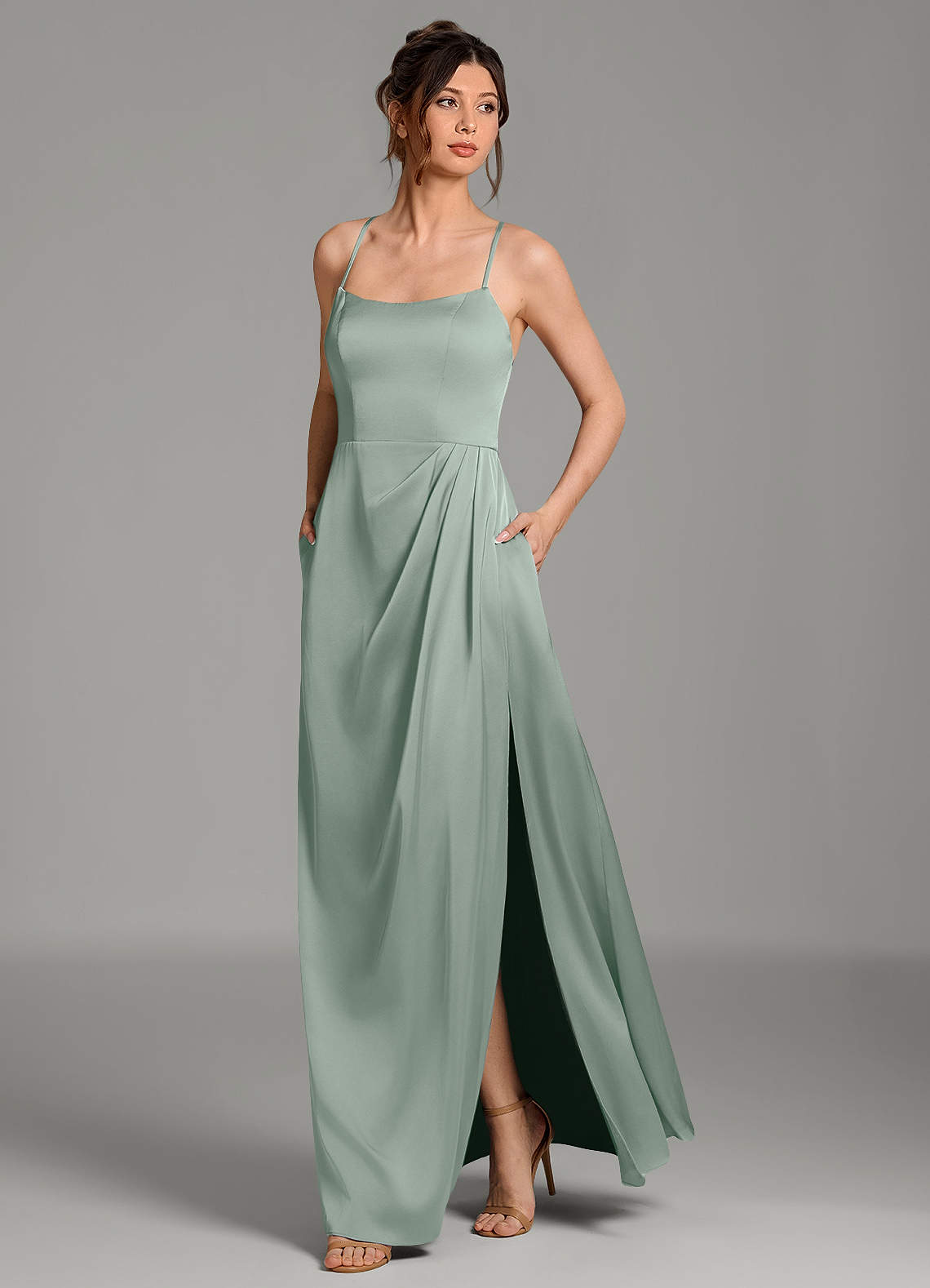Frankie A-Line Scoop-Neck Stretch Satin Bridesmaid Dress in Agave