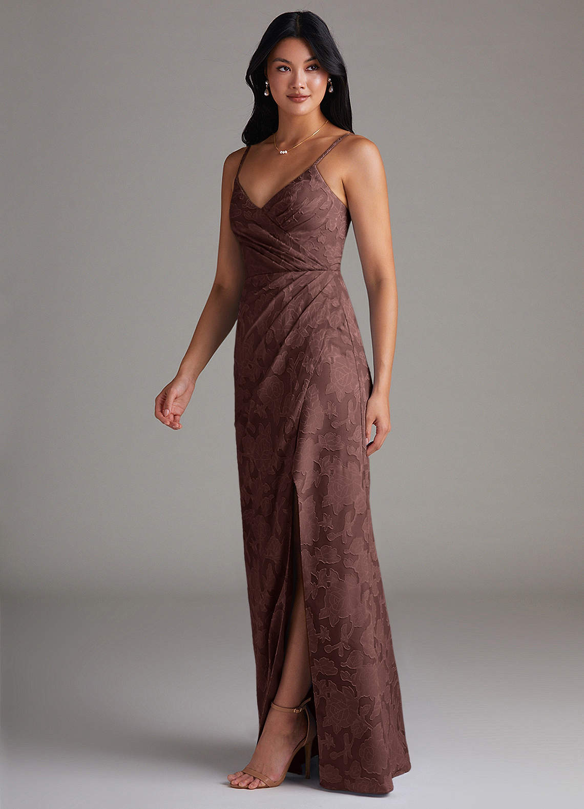 Maci Sheath V-Neck Floral Burnout Bridesmaid Dress in Espresso