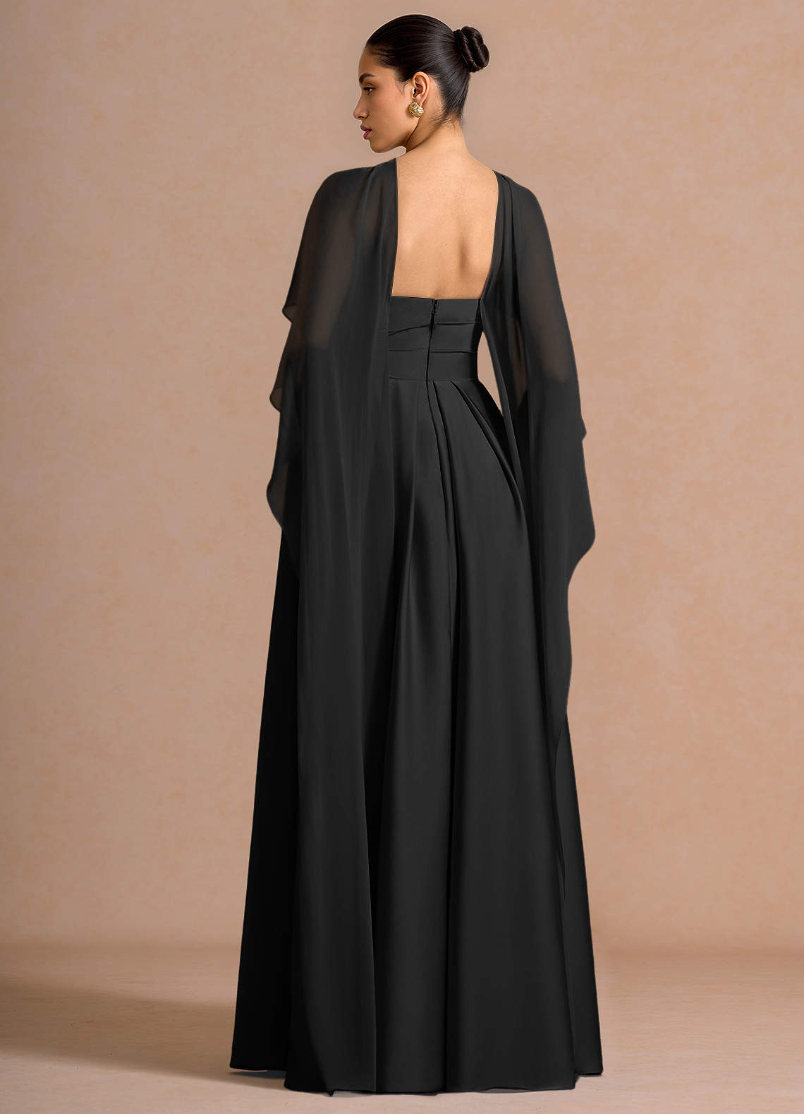 Nancy A-Line V-Neck Stretch Satin and Chiffon Evening Dress in black
