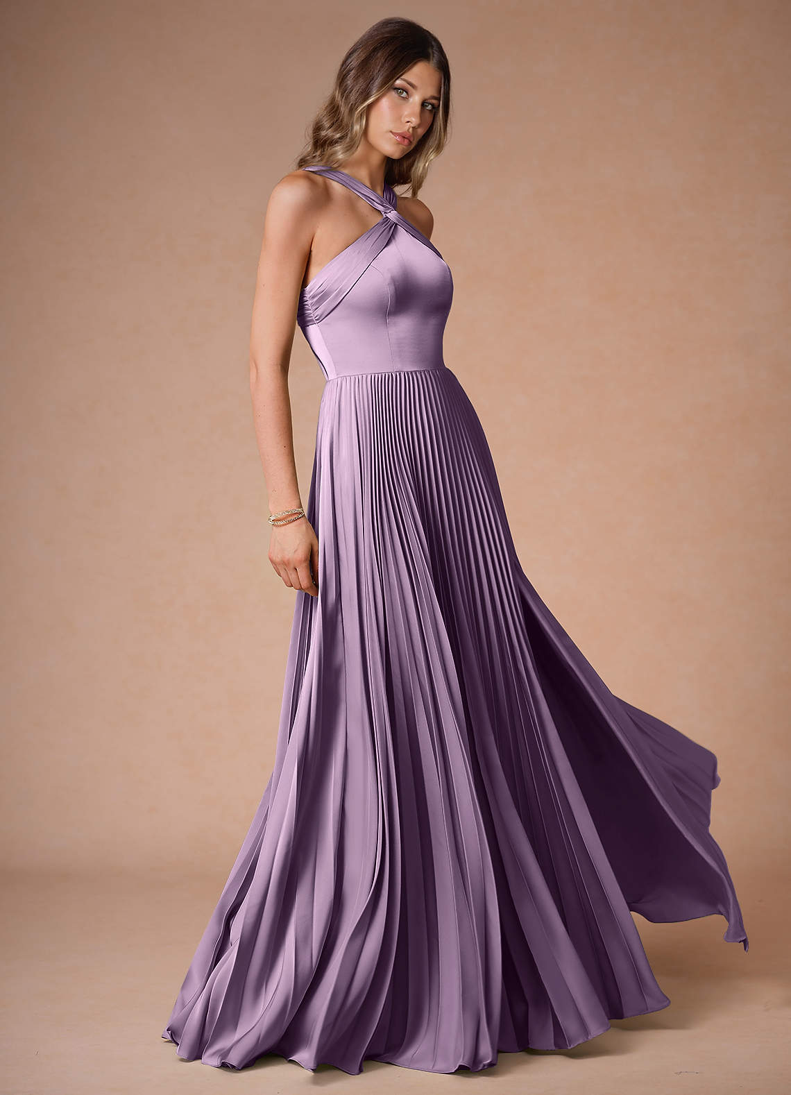 Afra A-Line Pleated Stretch Satin Wedding Guest Dress in Frosted Lilac