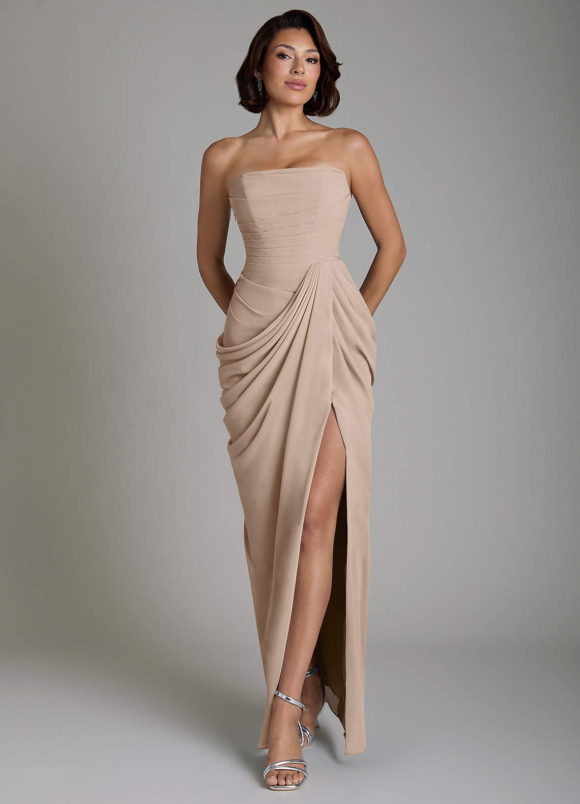 Nyra Sheath Strapless Chiffon Bridesmaid Dress in Taupe