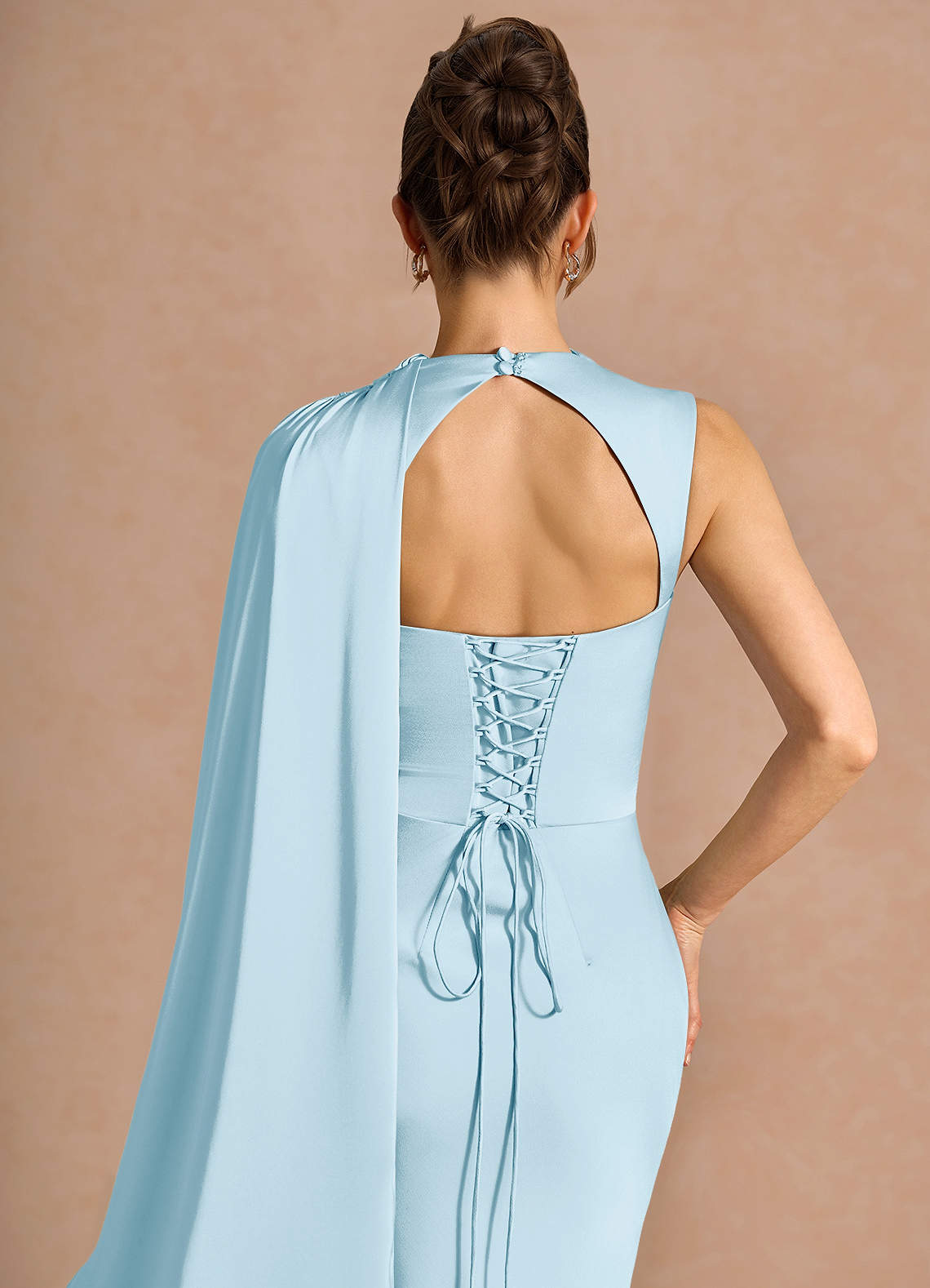 Chesney Cape-Sleeve Pleated Stretch Satin Wedding Guest Dress in Sky Blue