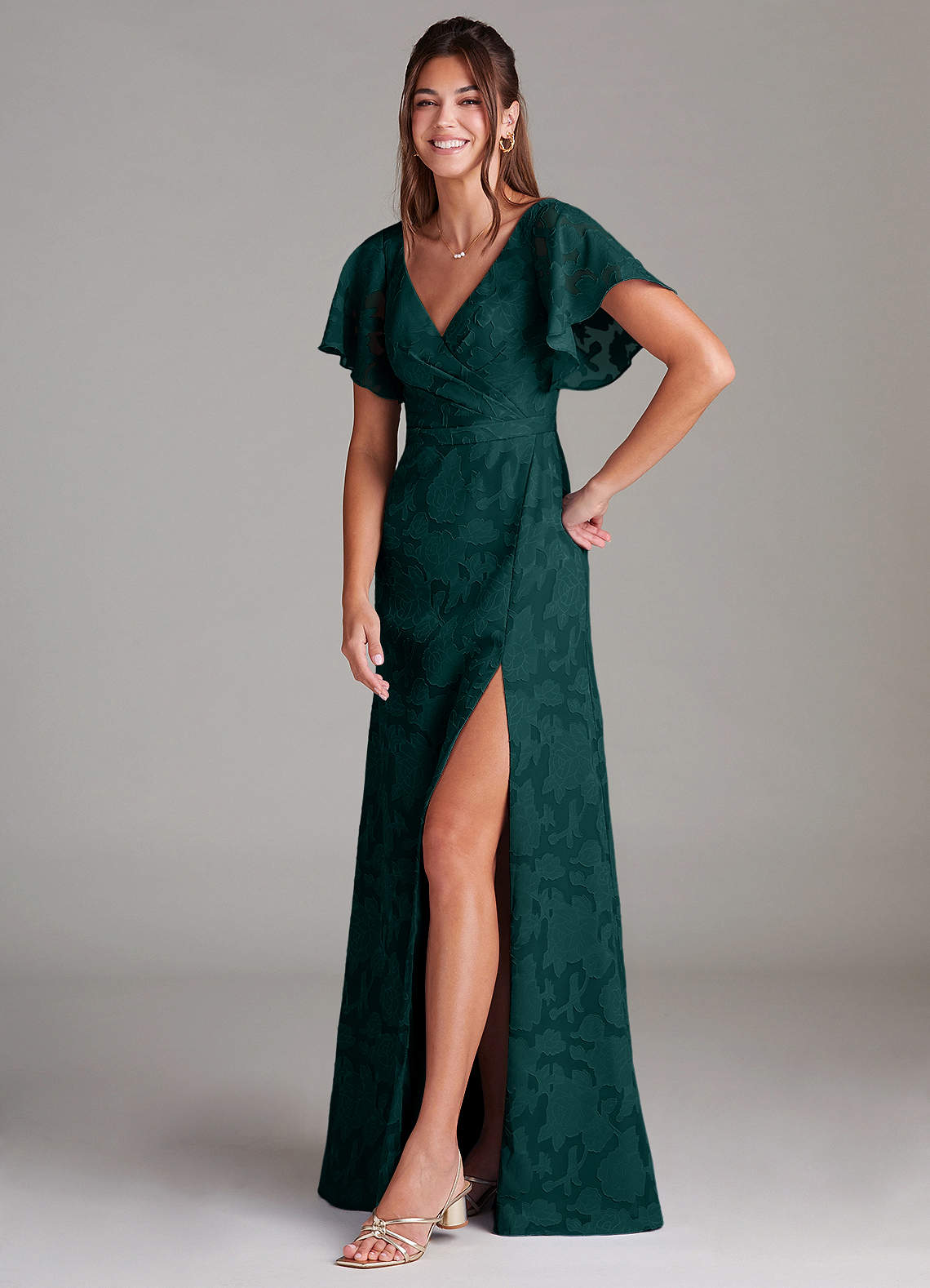 Ambrosia A-Line V-Neck Floral Burnout Bridesmaid Dress in Pine