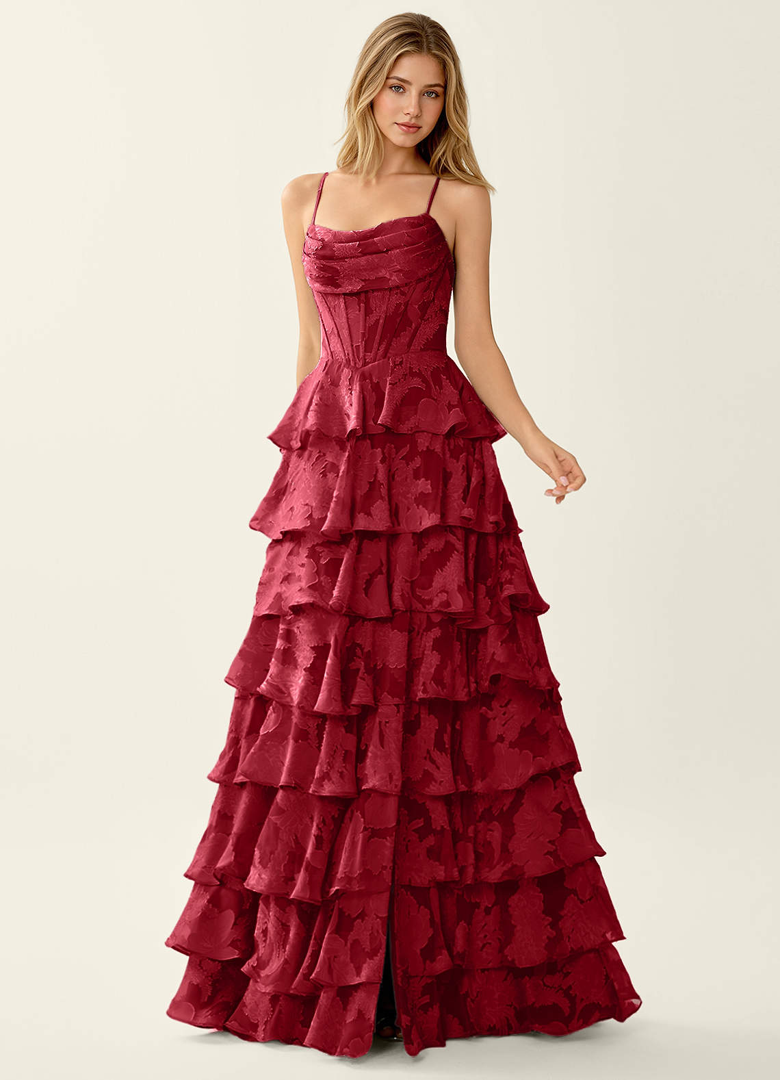 Wrenana A-Line Cowl-Neck Floral Burnout Evening Dress in Ruby Red