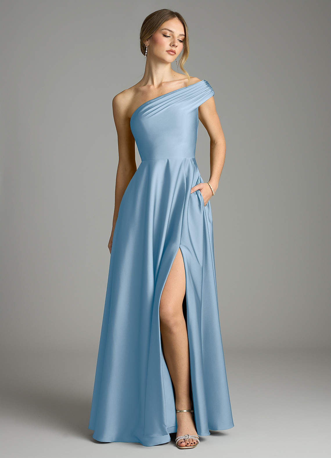 Melanie A-Line One-Shoulder Stretch Satin Bridesmaid Dress in Powder Blue