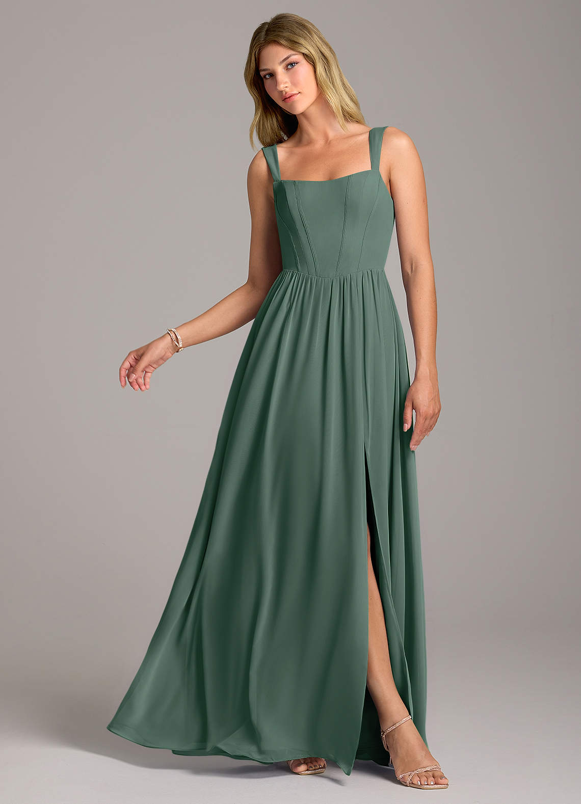 Rosaline A-Line Square-Neck Chiffon Bridesmaid Dress in Sea Moss