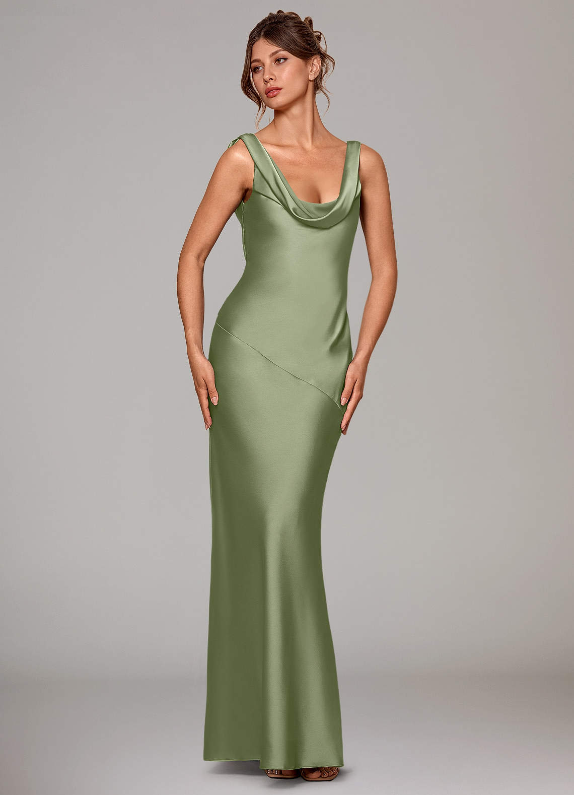 Rylina Mermaid Cowl-Neck Stretch Satin Bridesmaid Dress in Pistachio