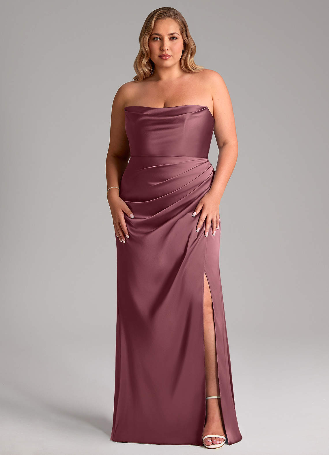 Leonis Mermaid Cowl-Neck Stretch Satin Bridesmaid Dress in Desert Rose