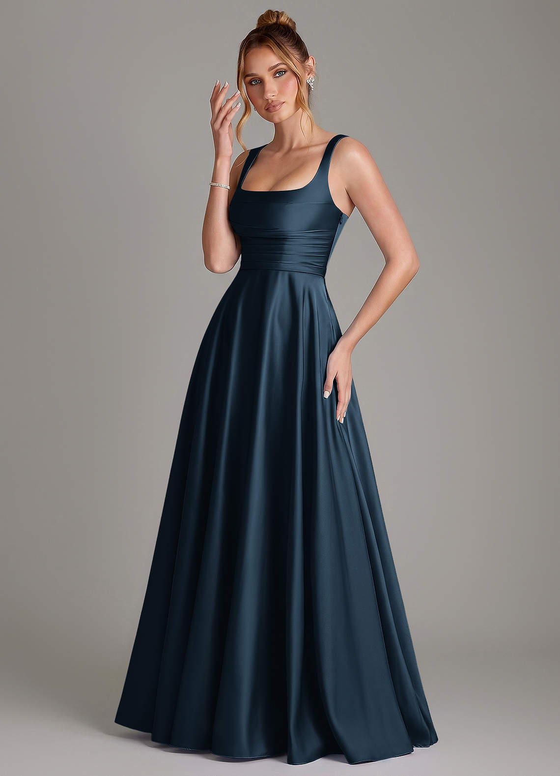 Azaria A-Line Square-Neck Stretch Satin Bridesmaid Dress in Dark Navy