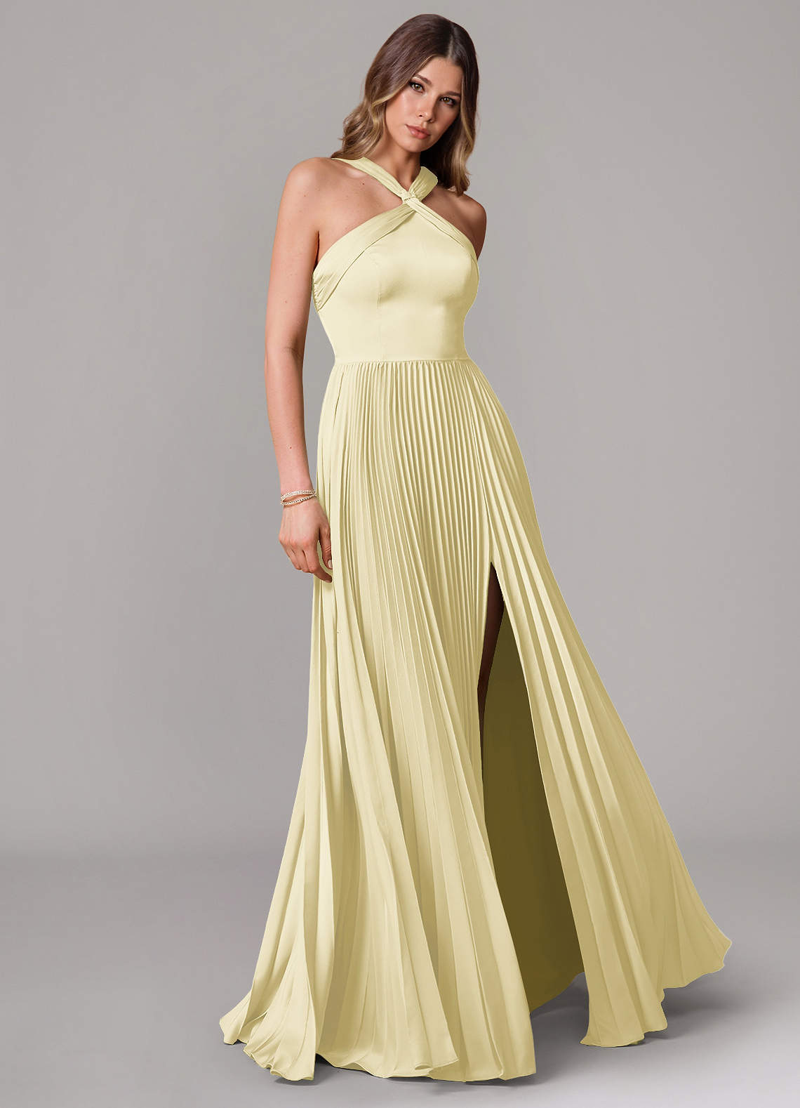Afra A-Line Halter-Neck Stretch Satin Bridesmaid Dress in Lemon Sorbet