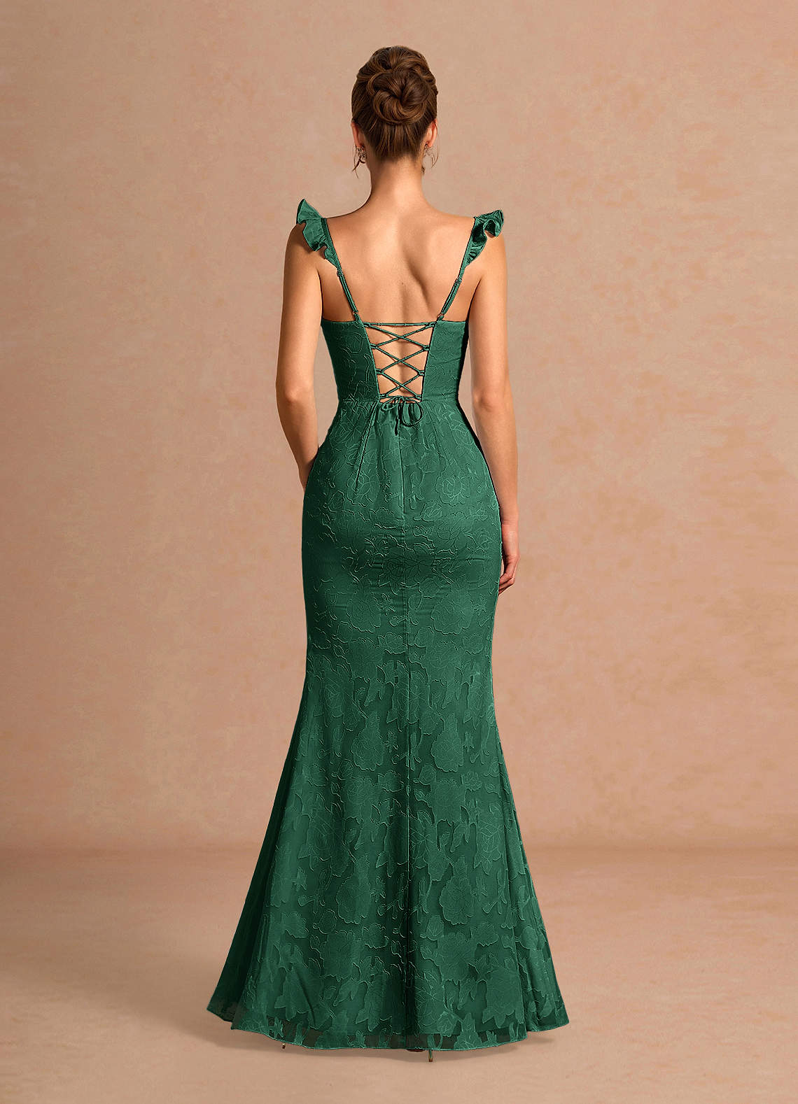 Romilly Mermaid Ruffled Chiffon Burnout Evening Dress in Emerald Green