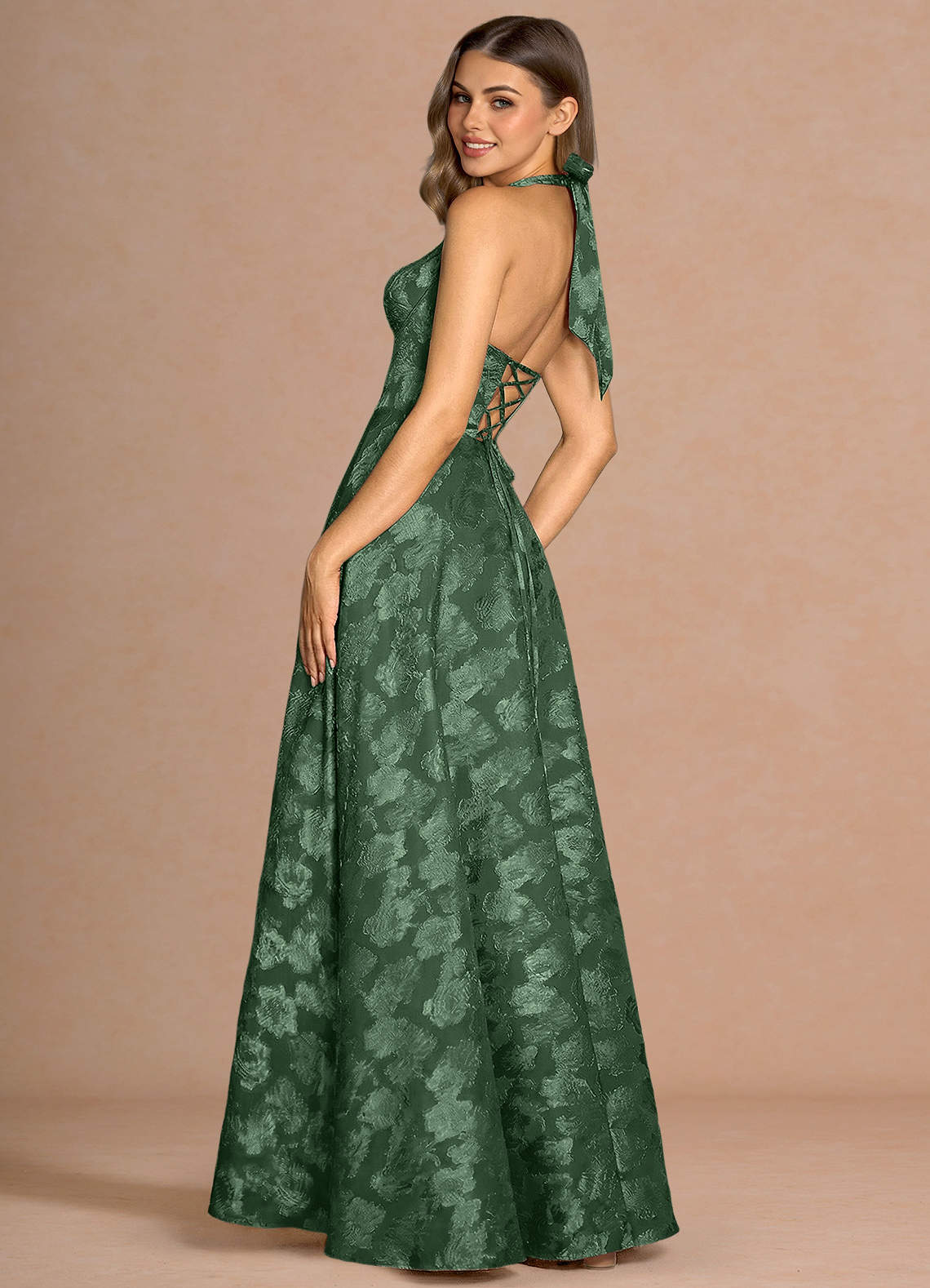 Isabeau A-Line V-Neck Fil Coupé Evening Dress in Eucalyptus