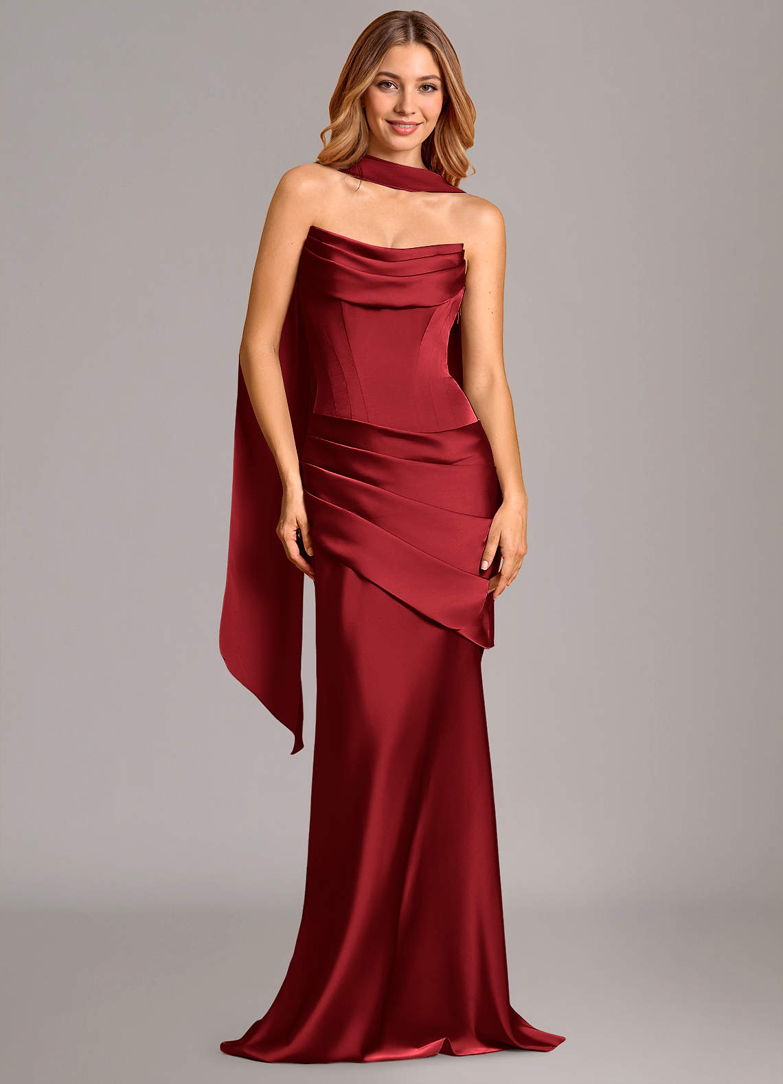 Pelagia Mermaid Cowl-Neck Stretch Satin Bridesmaid Dress in Scarlet