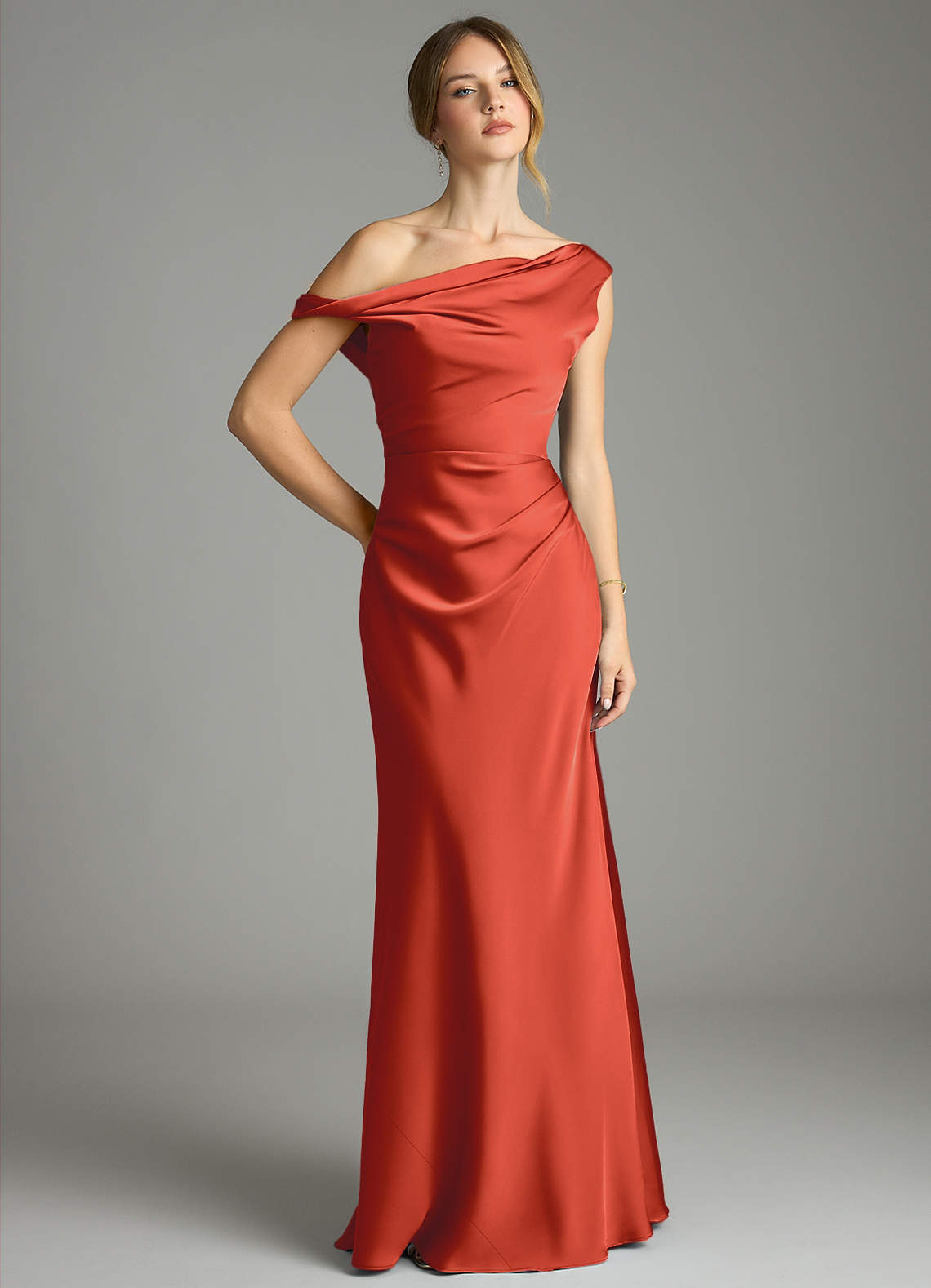 Emerson Mermaid One-Shoulder Stretch Satin Bridesmaid Dress in Rust