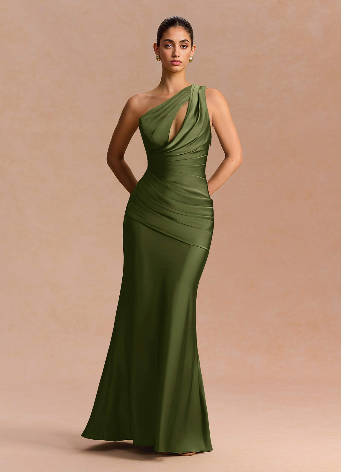 Guinevere One-Shoulder Cutout Stretch Satin Evening Dress in Olive