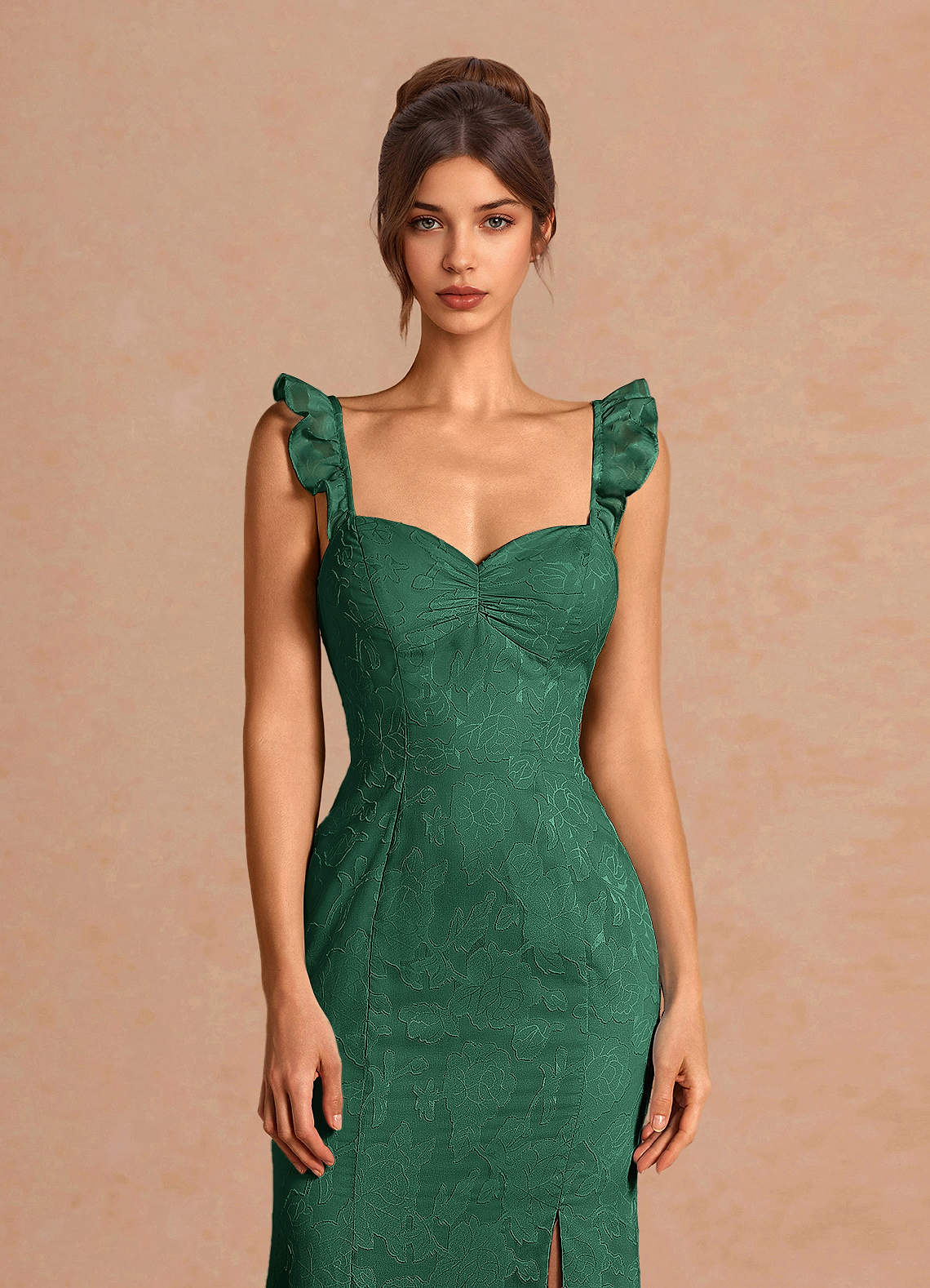 Romilly Mermaid Ruffled Chiffon Burnout Evening Dress in Emerald Green