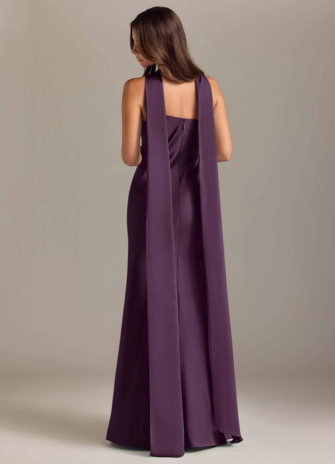 Kinsley Mermaid Halter Stretch Satin Bridesmaid Dress in Plum