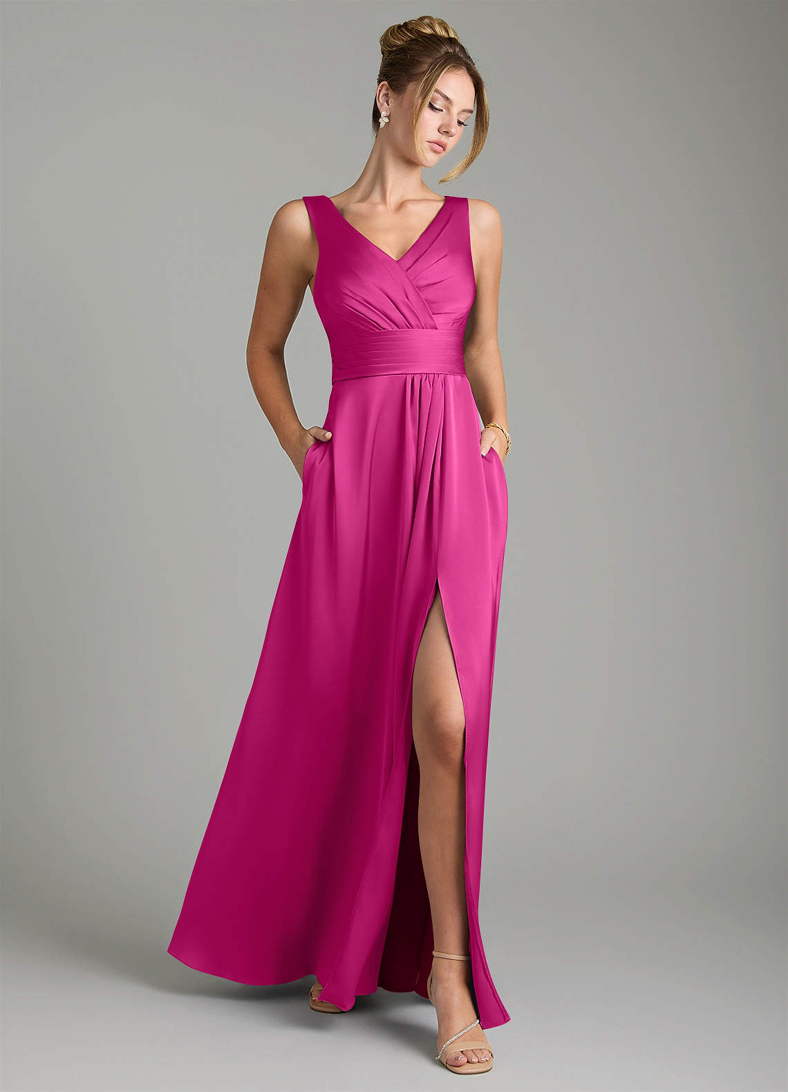 Karina A-Line V-Neck Stretch Satin Bridesmaid Dress in Fuchsia