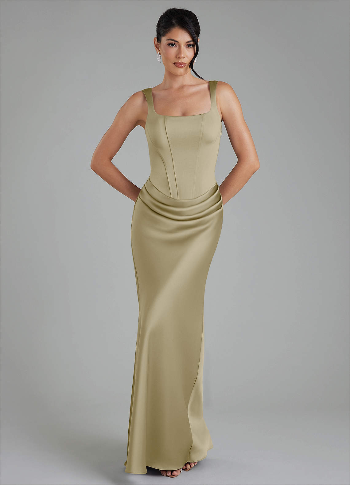 Etta Mermaid Square-Neck Stretch Satin Bridesmaid Dress in Moss Green