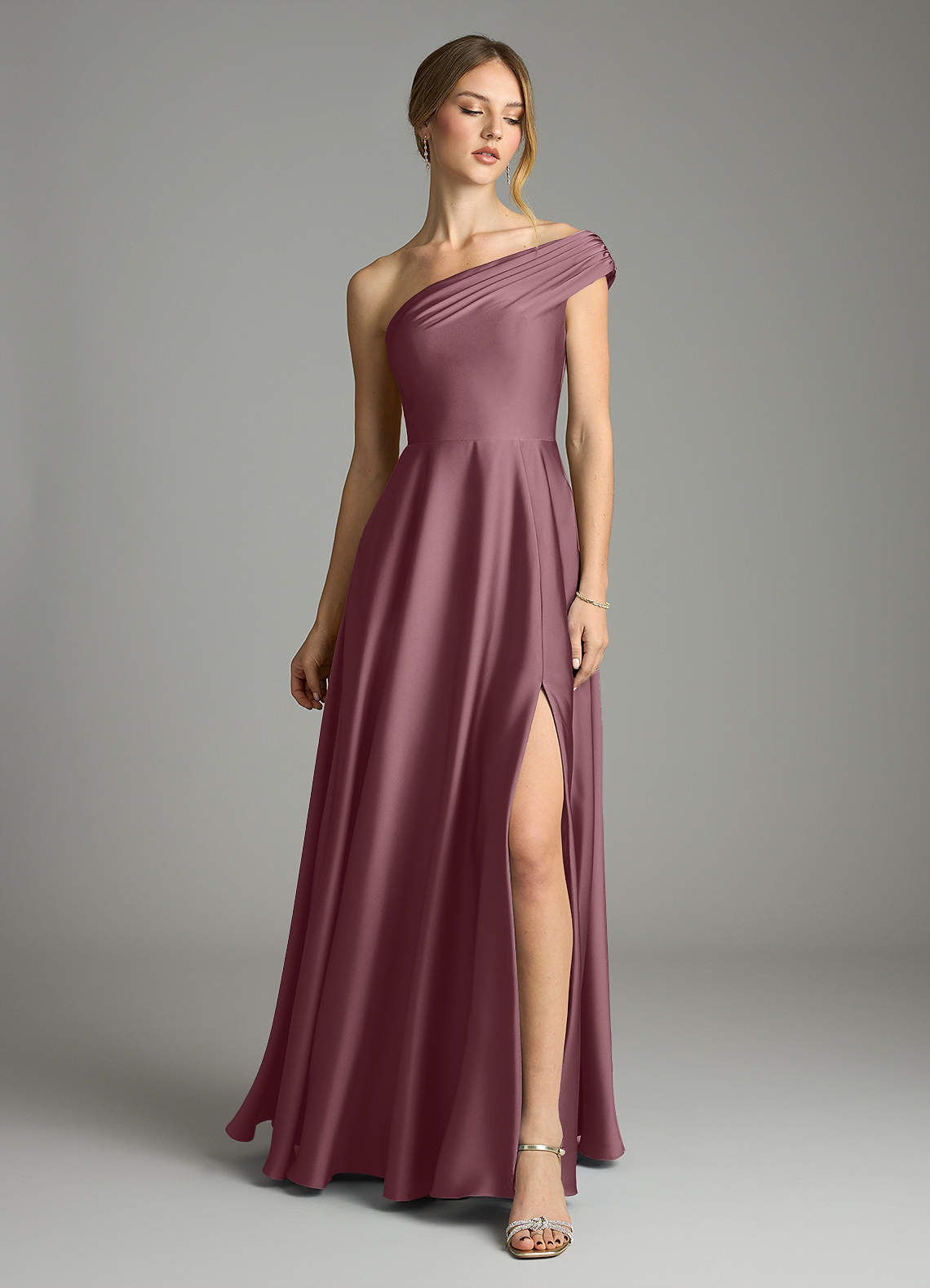 Melanie A-Line One-Shoulder Stretch Satin Bridesmaid Dress in Amethyst