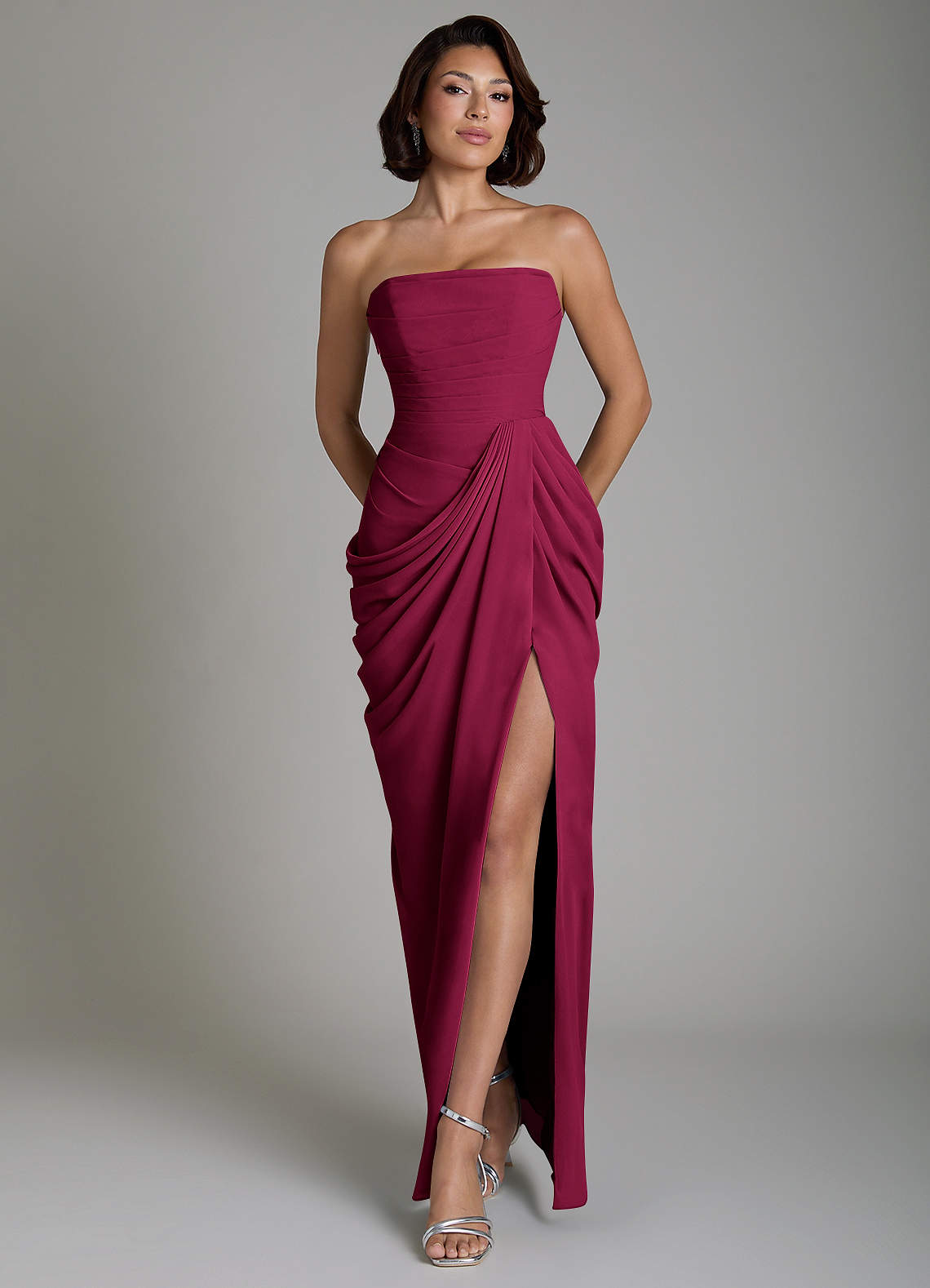Nyra Sheath Strapless Chiffon Bridesmaid Dress in Burgundy