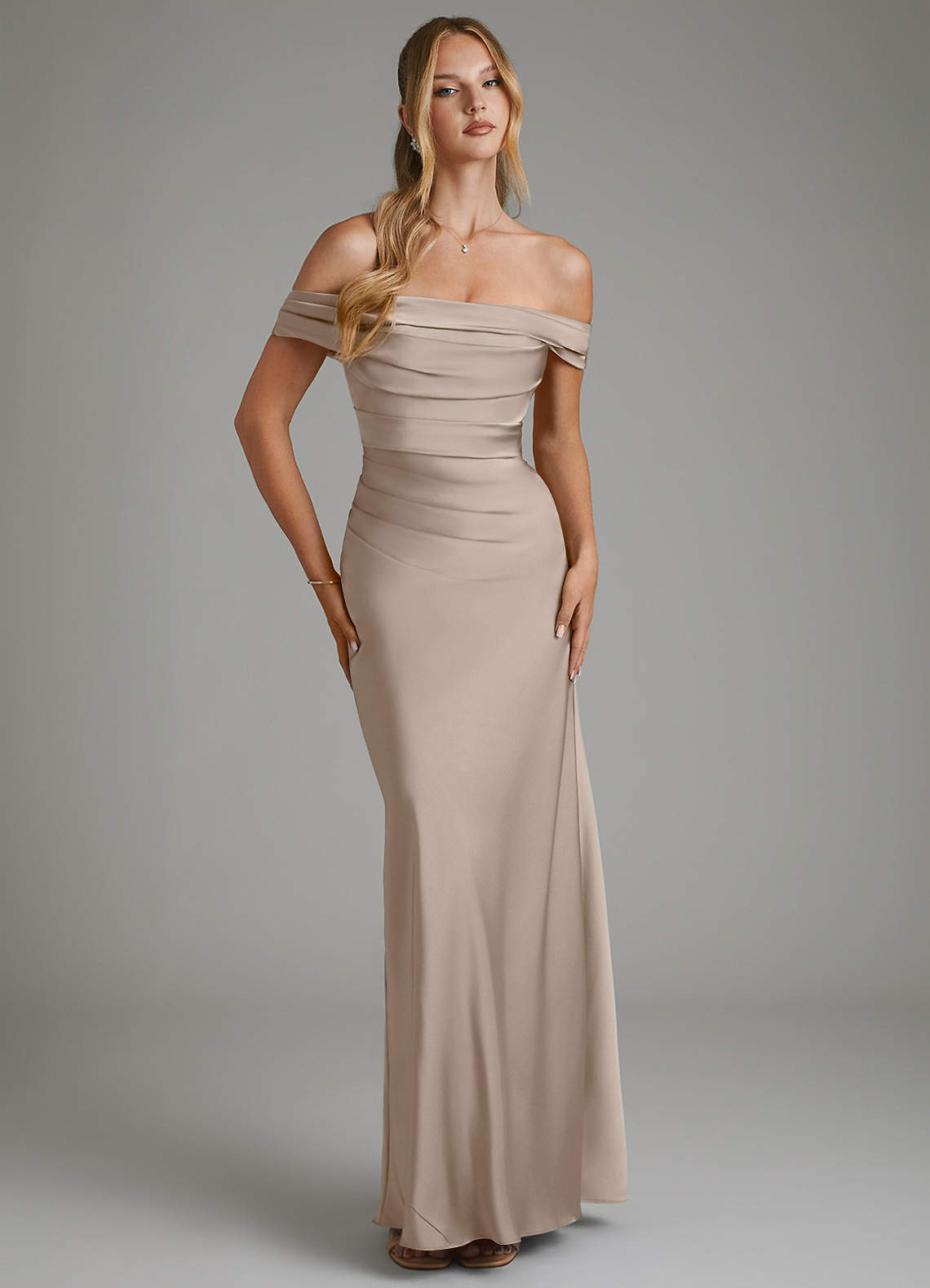 Hayden Mermaid Off-the-Shoulder Stretch Satin Bridesmaid Dress in Taupe