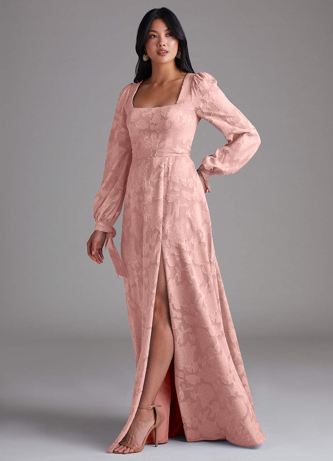 Leonia A-Line Square-Neck Stretch Satin Bridesmaid Dress in Powder Pink
