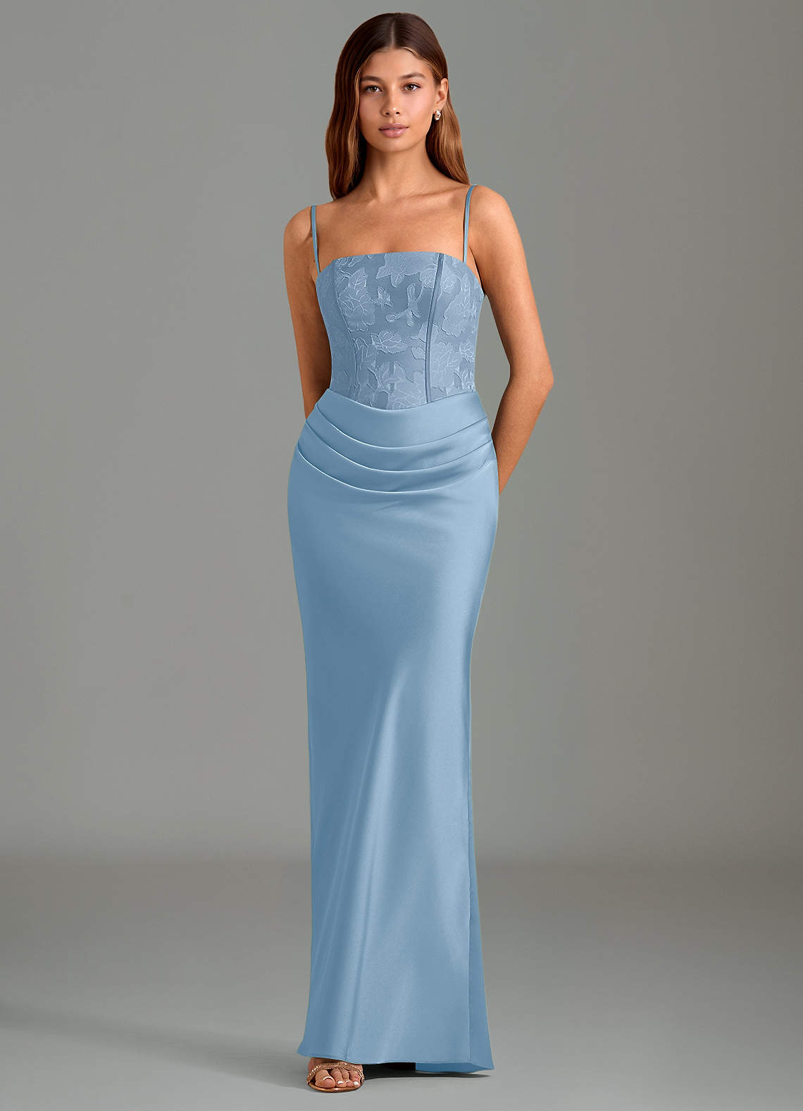 Emilia Mermaid Strapless Stretch Satin and Floral Burnout Bridesmaid Dress in Powder Blue