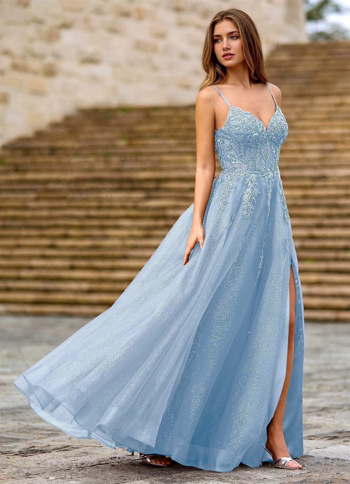 Milliener A-Line V-Neck Tulle Evening Dress in Sky Blue