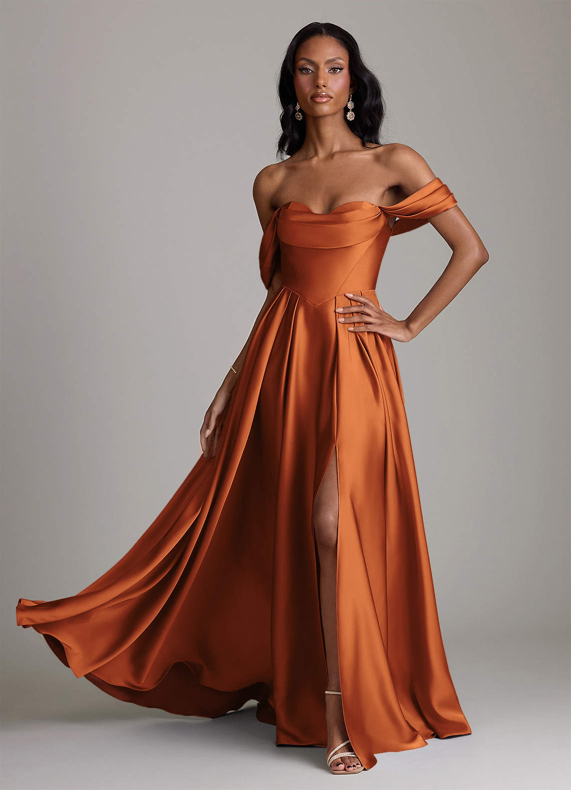 Loisa A-Line Off-the-Shoulder Stretch Satin Bridesmaid Dress in Cinnamon
