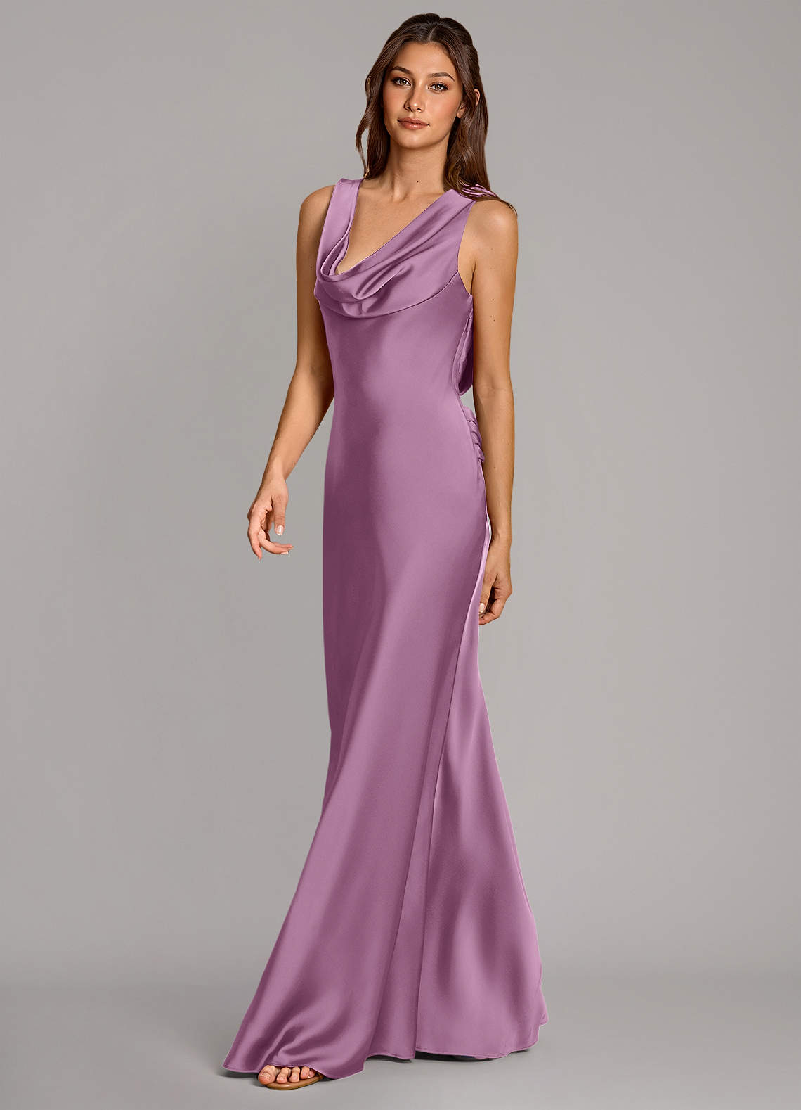 Cheryl Mermaid Cowl-Neck Stretch Satin Bridesmaid Dress in Wisteria