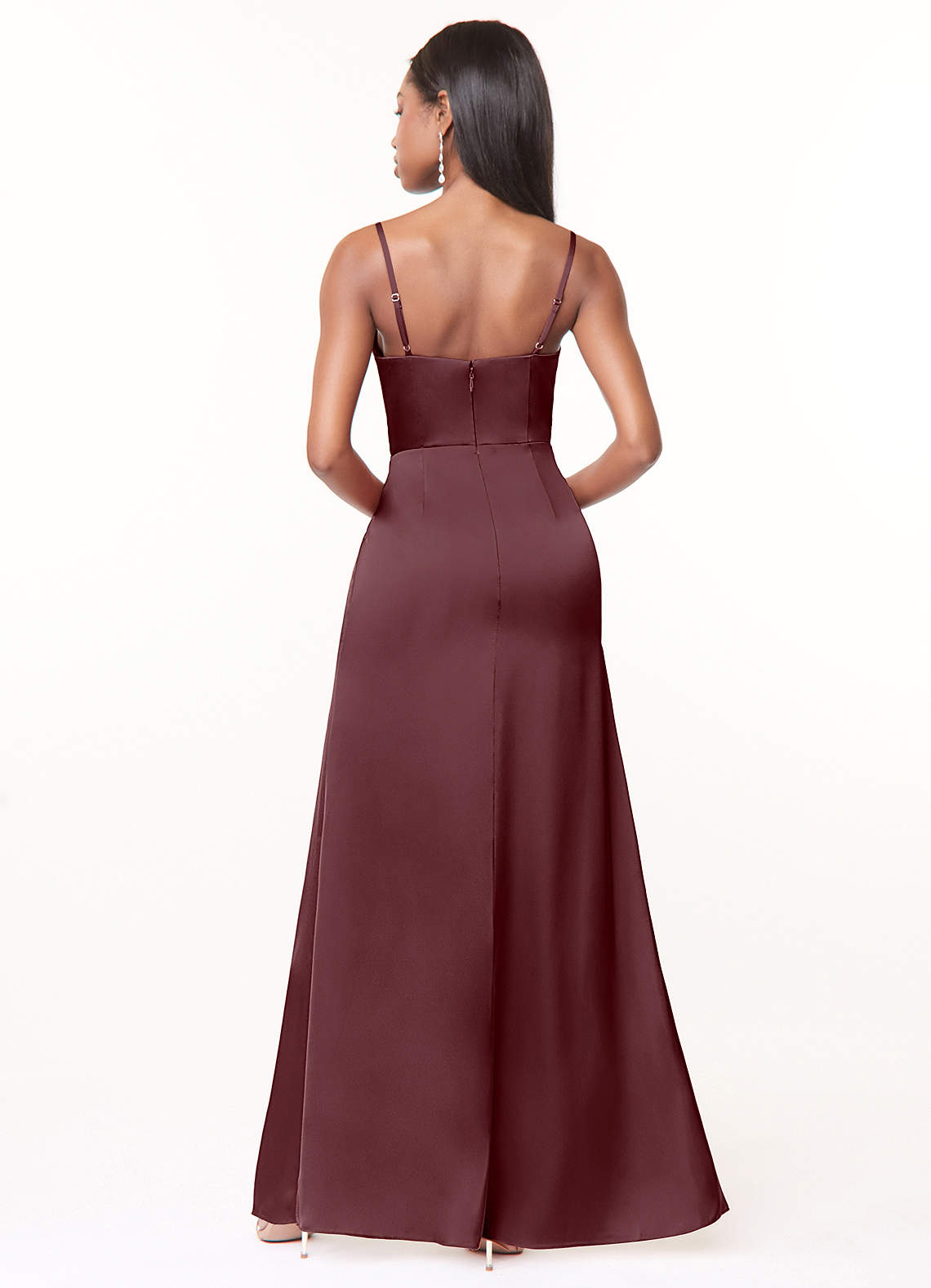 Maci A-Line V-Neck Stretch Satin Bridesmaid Dress in Sangria
