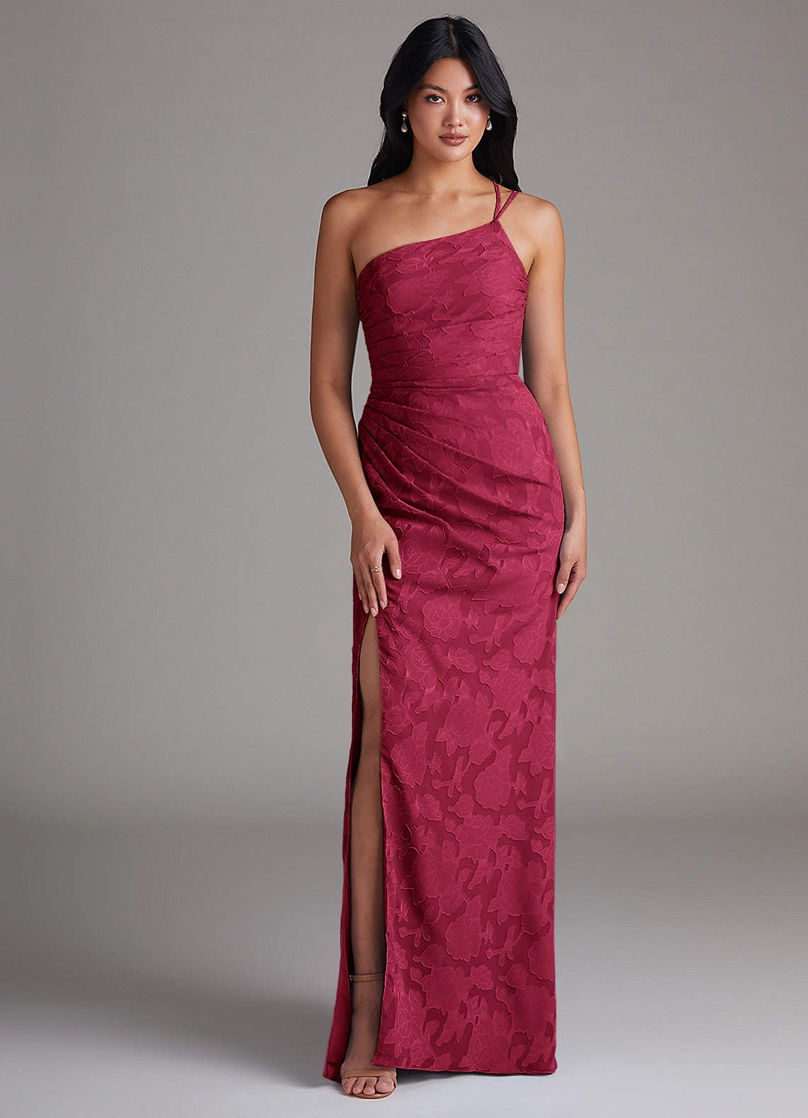 Eren Sheath One-Shoulder Floral Burnout Bridesmaid Dress in Burgundy