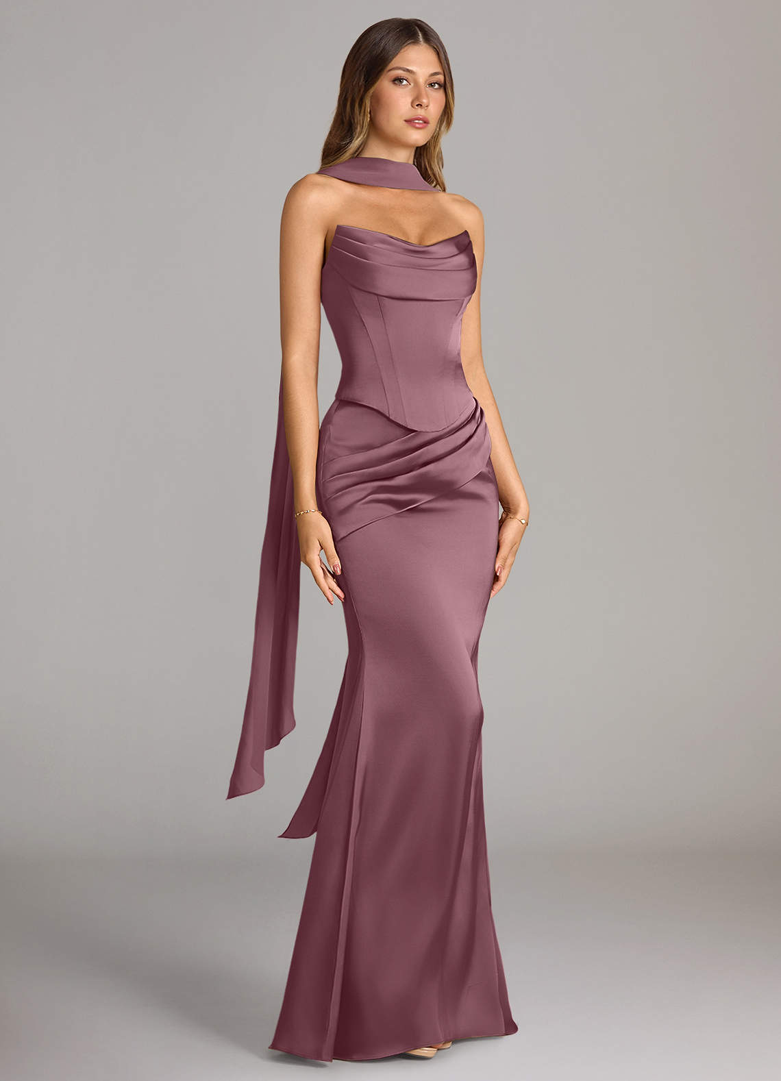 Sorrel Mermaid Cowl-Neck Stretch Satin and Chiffon Bridesmaid Dress in Amethyst