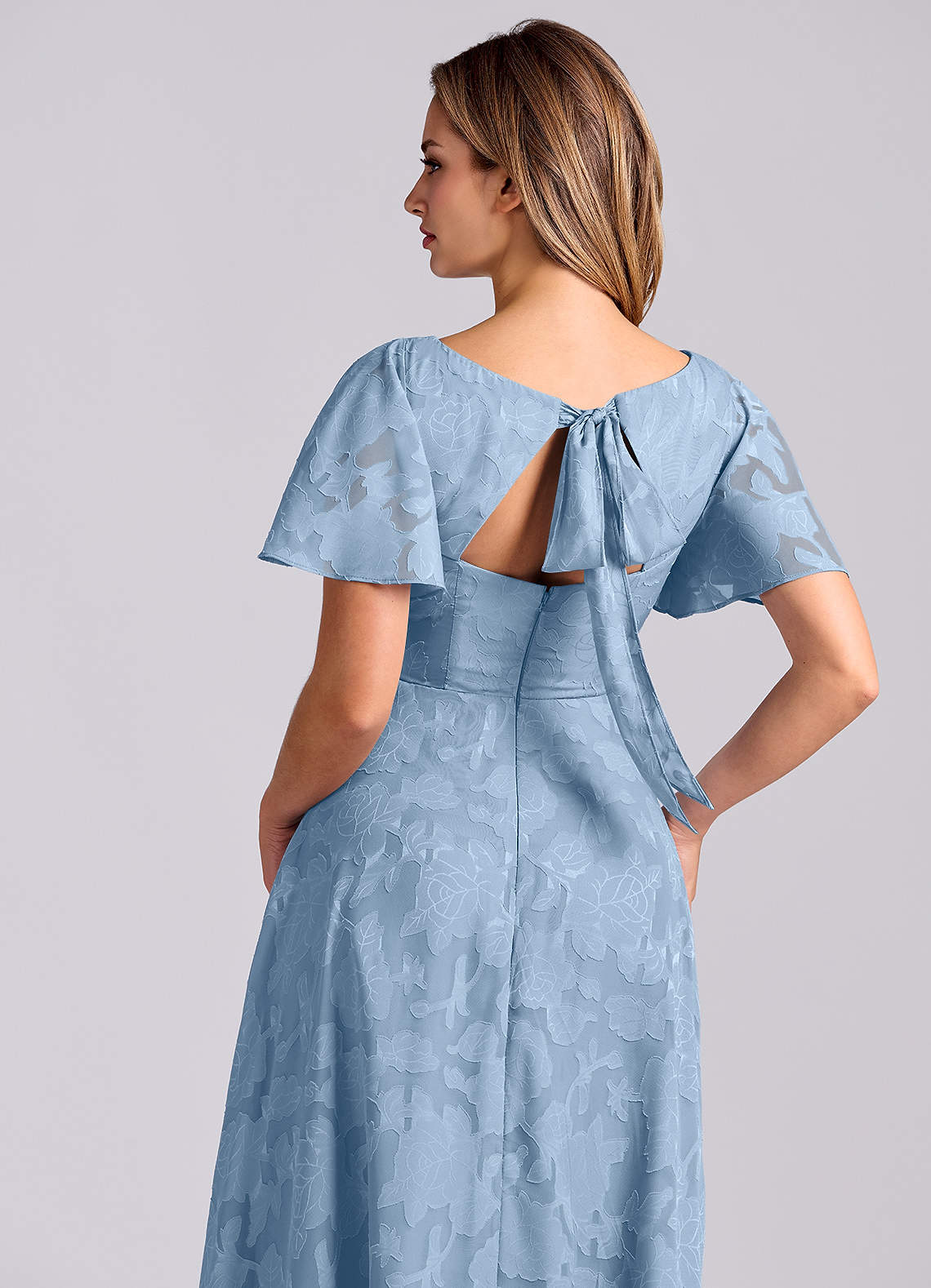 Kimber A-Line V-Neck Floral Burnout Bridesmaid Dress in Powder Blue
