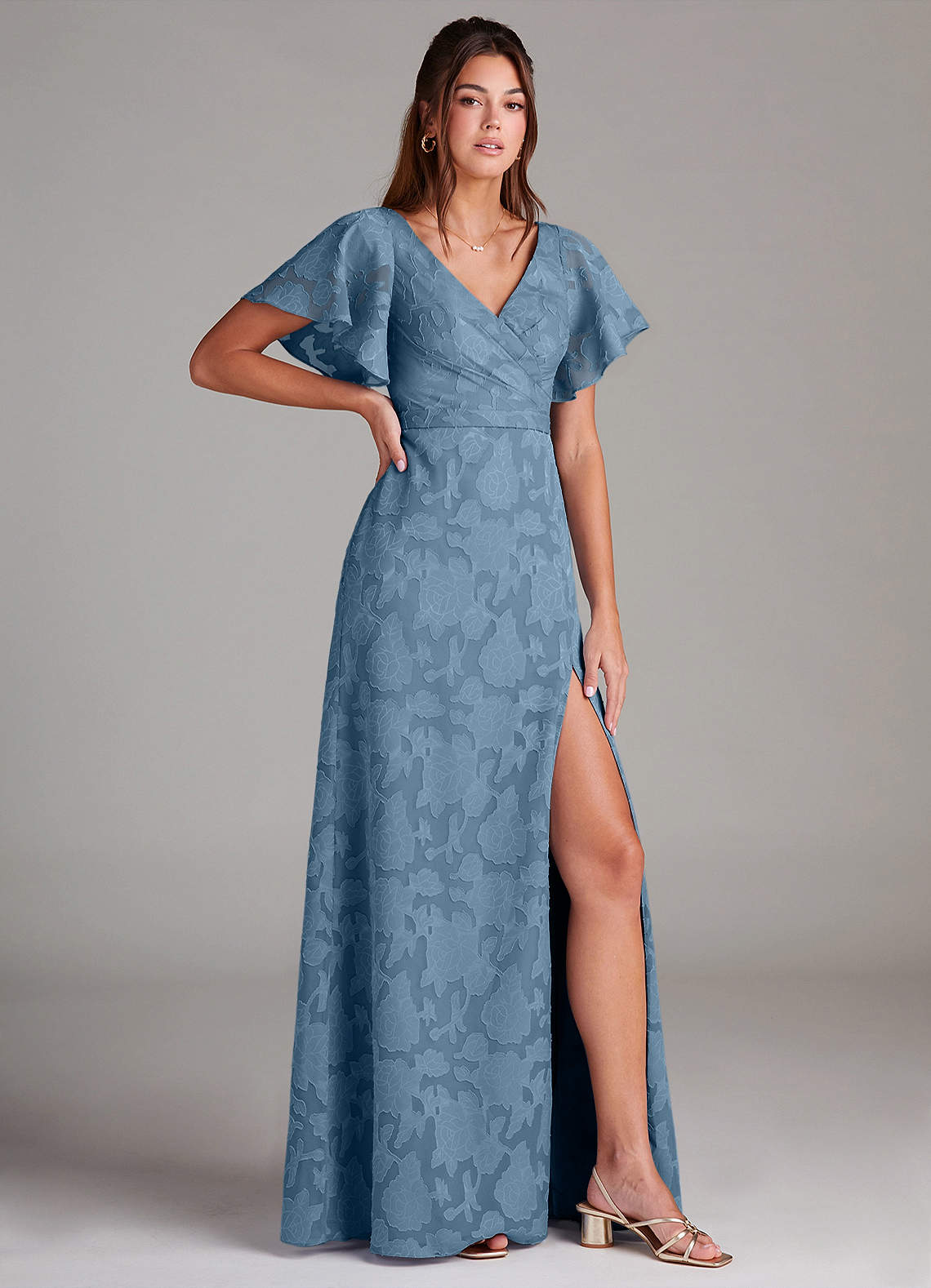 Ambrosia A-Line V-Neck Floral Burnout Bridesmaid Dress in Steel Blue