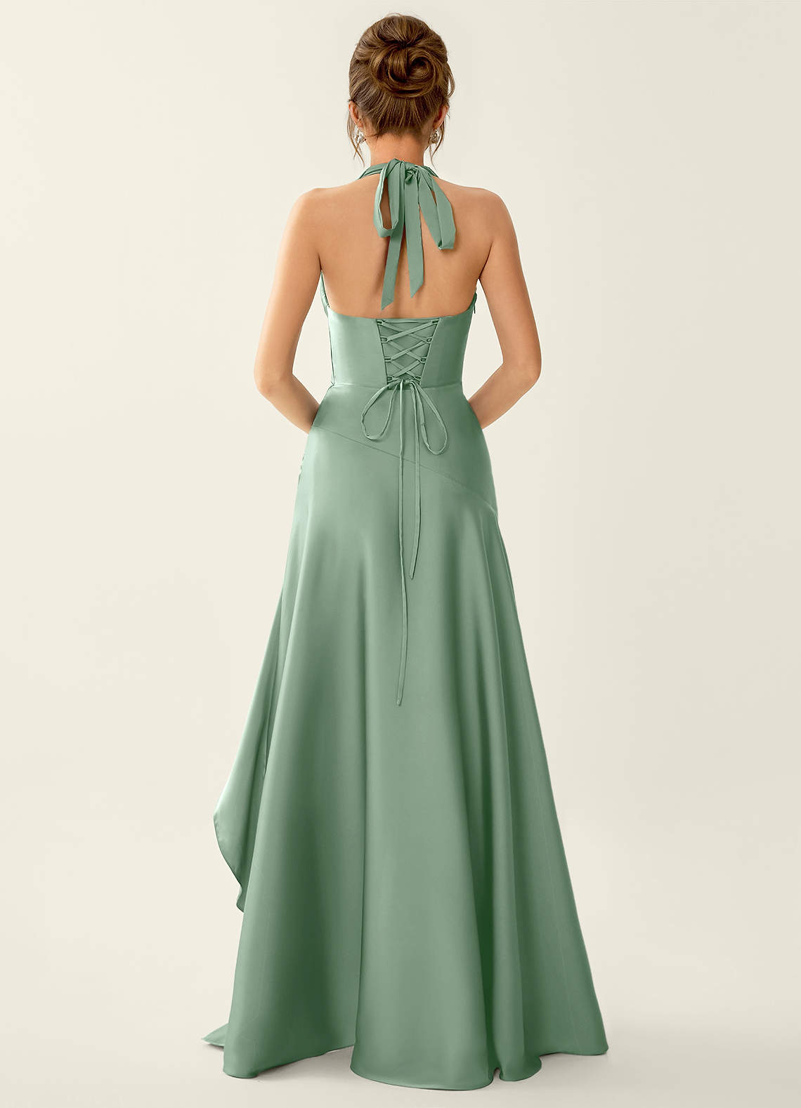 Titania Halter Asymmetric-Ruffle Satin Evening Dress in Agave Green