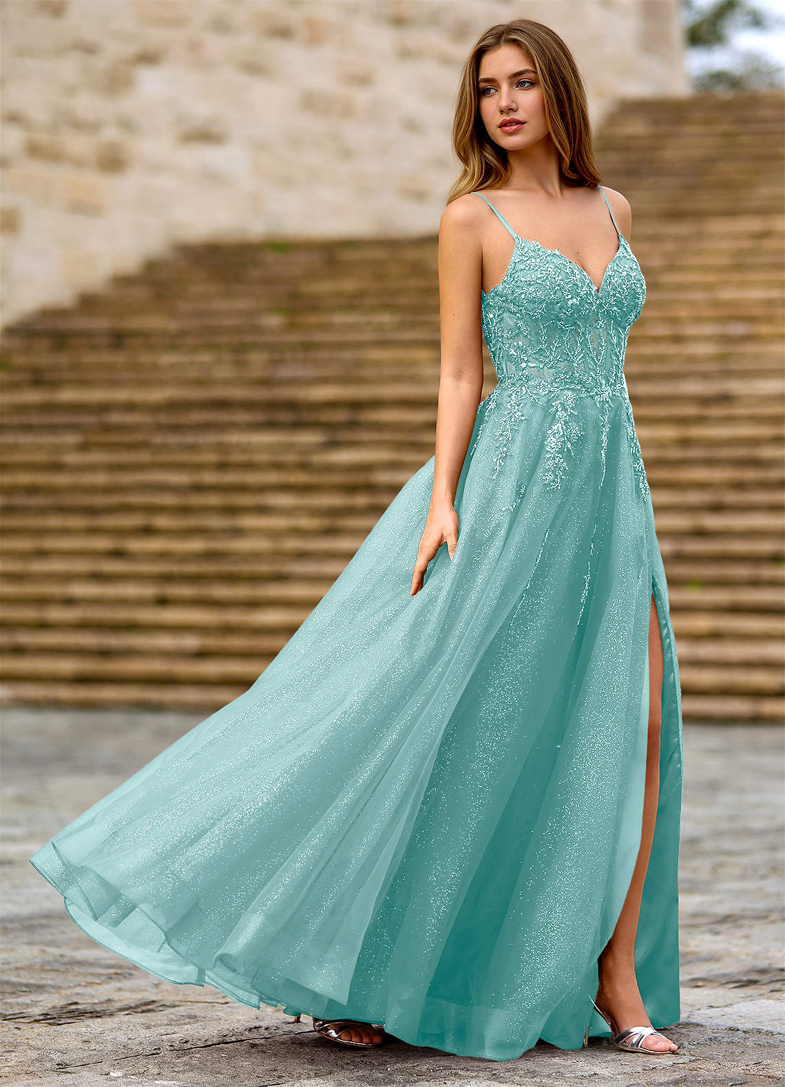 Milliener A-Line V-Neck Tulle Evening Dress in Light Green