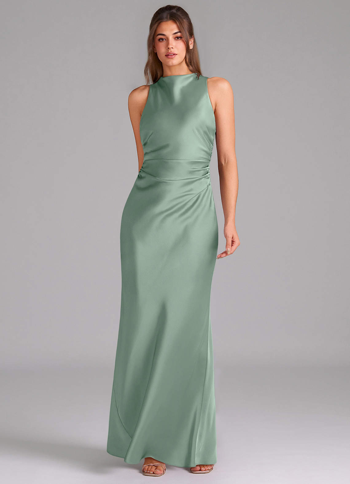 Evadne Sheath Scoop-Neck Stretch Satin Bridesmaid Dress in Agave