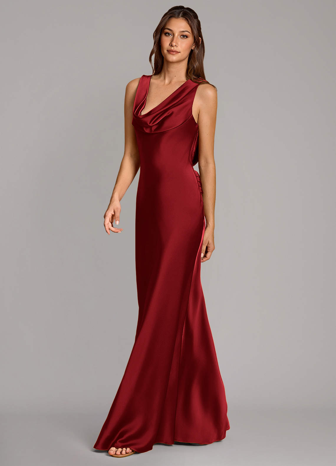 Cheryl Mermaid Cowl-Neck Stretch Satin Bridesmaid Dress in Scarlet