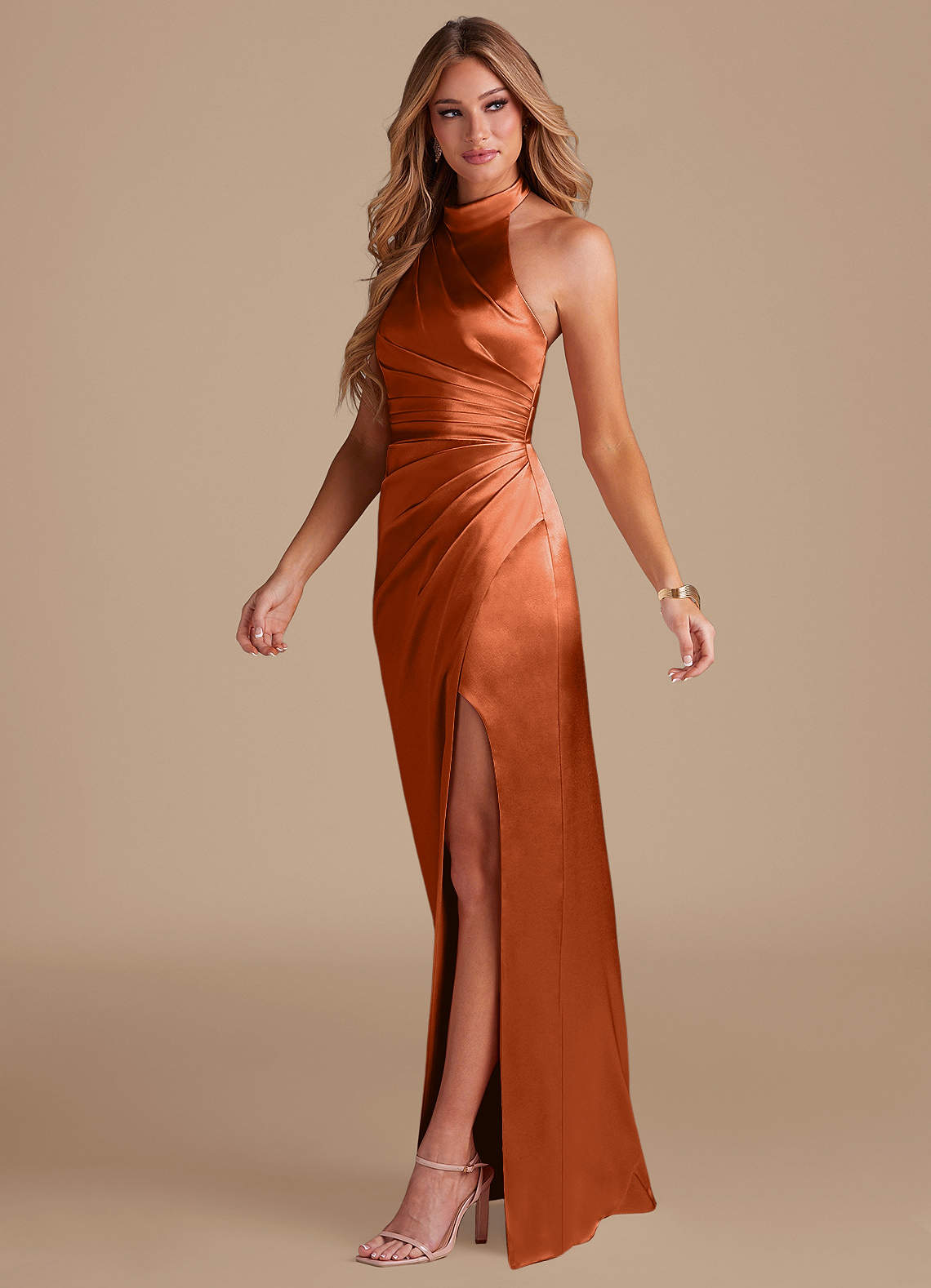 Jemma Sheath High-Neck Metallic Satin Bridesmaid Dress in Burnt Orange