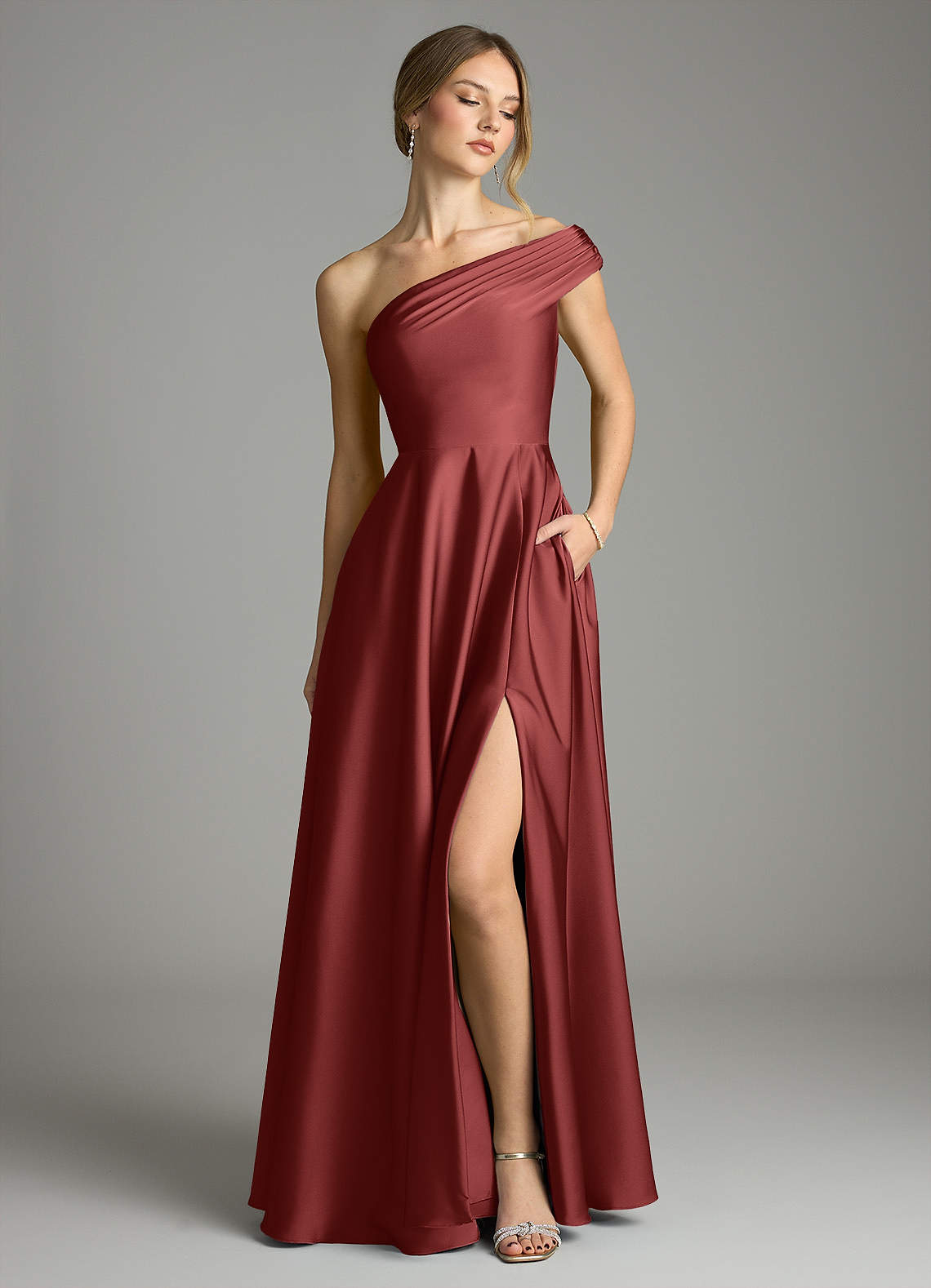 Melanie A-Line One-Shoulder Stretch Satin Bridesmaid Dress in Terracotta