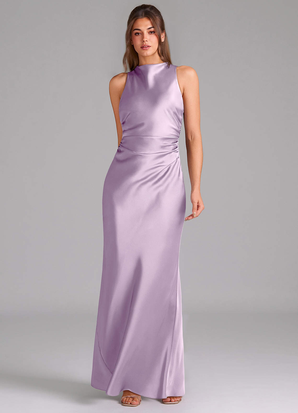 Evadne Sheath Scoop-Neck Stretch Satin Bridesmaid Dress in Frosted Lilac
