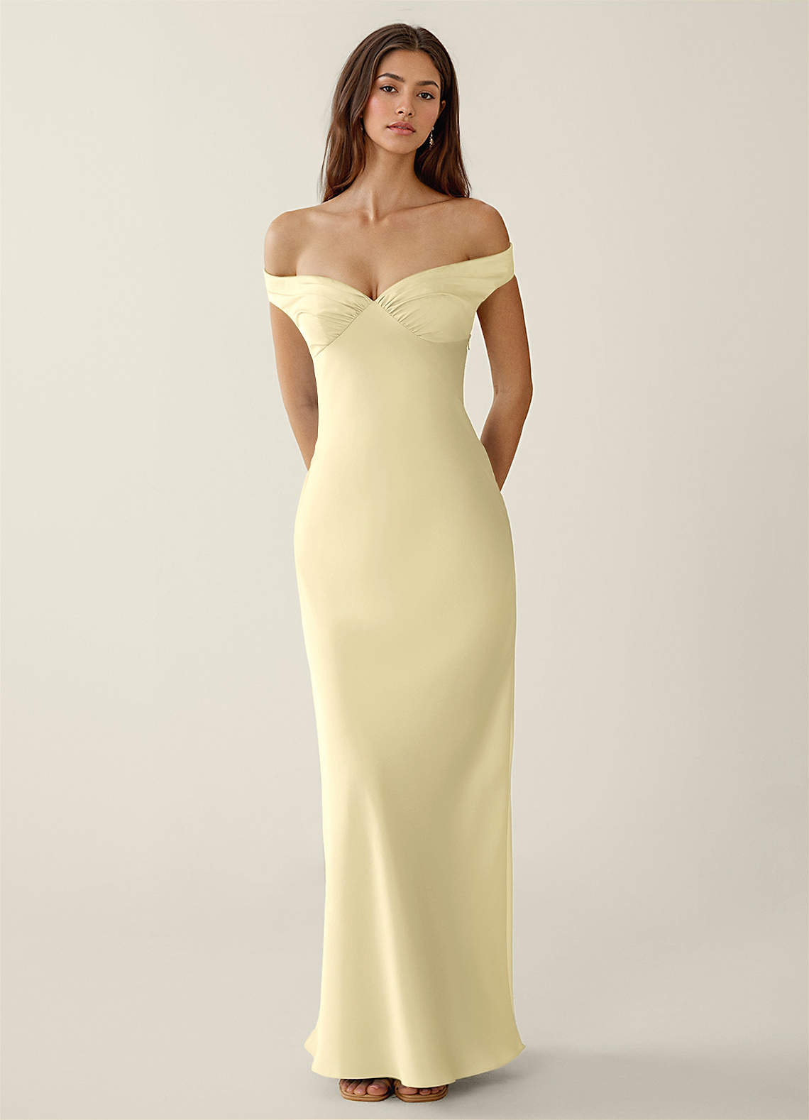 Gwendonme Sheath Off-the-Shoulder Satin Crystal Linen Evening Dress in Lemon Sorbet