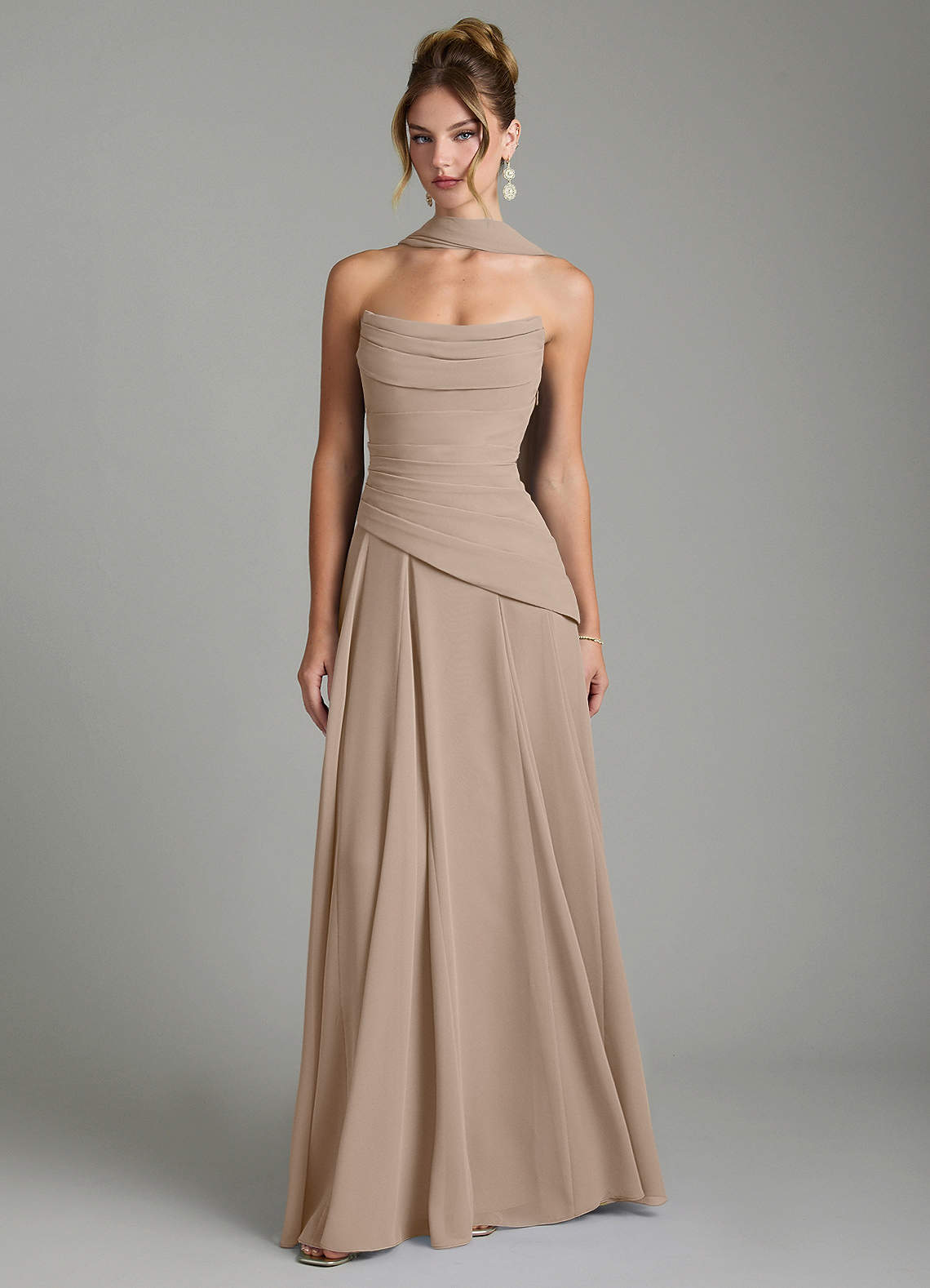 Gabriela A-Line Cowl-Neck Chiffon Bridesmaid Dress in Taupe