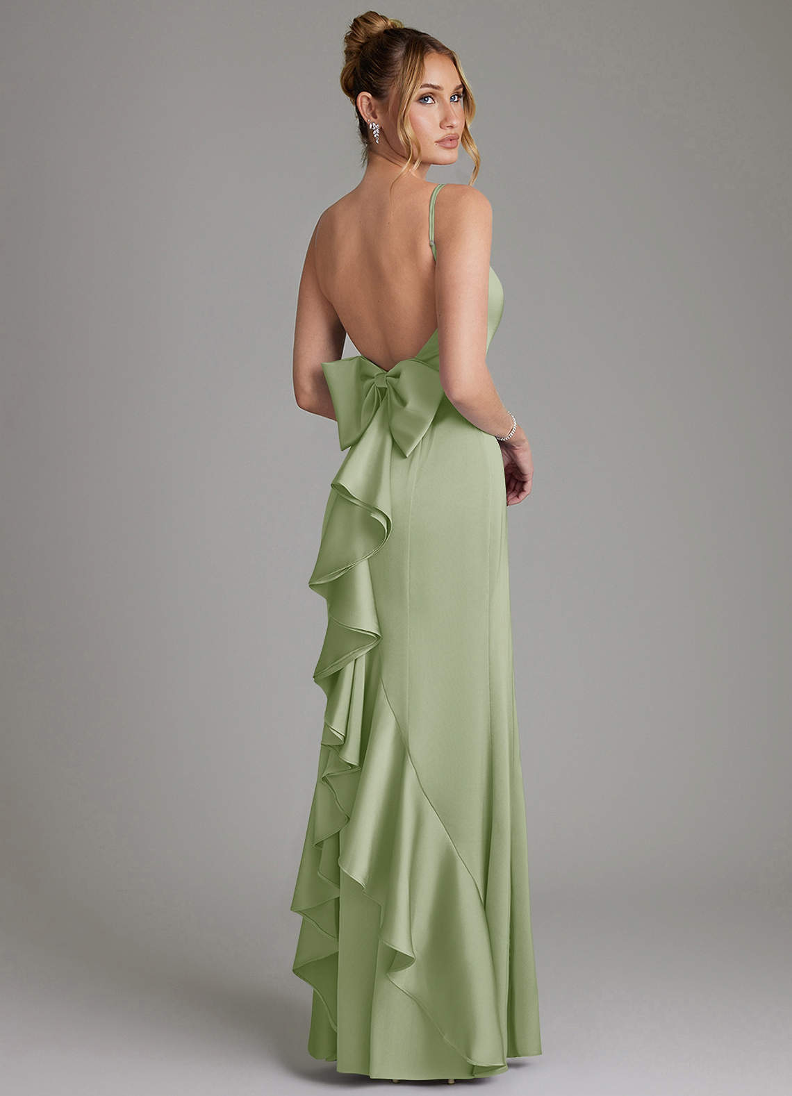 Zherra Mermaid Scoop-Neck Stretch Satin Bridesmaid Dress in Dusty Sage