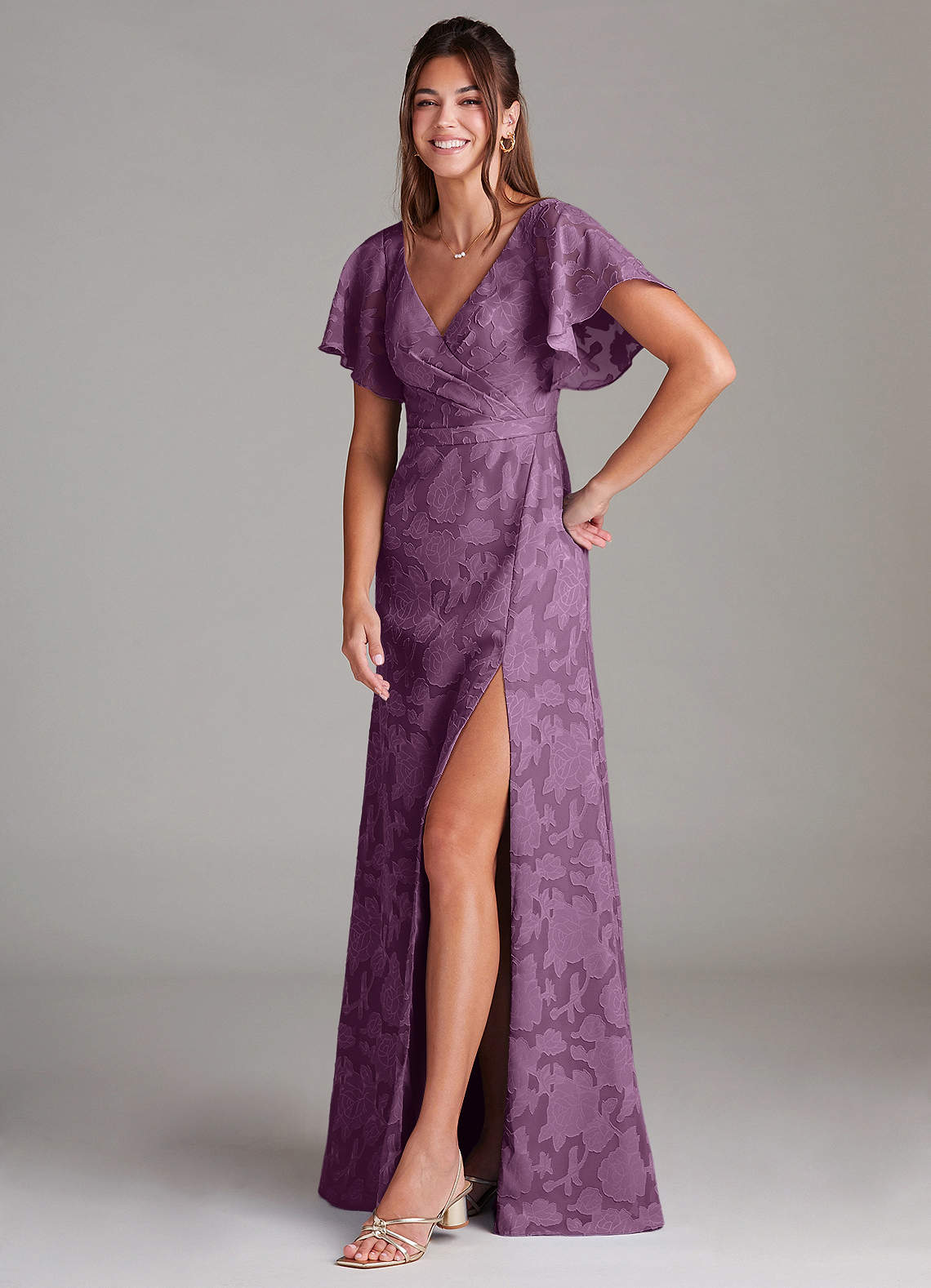 Ambrosia A-Line V-Neck Floral Burnout Bridesmaid Dress in Wisteria