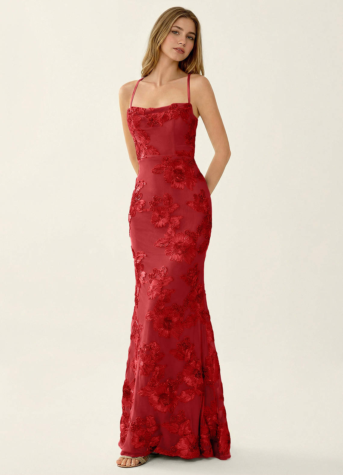 Kailani Mermaid Spaghetti-Strap Lace Evening Dress in Red